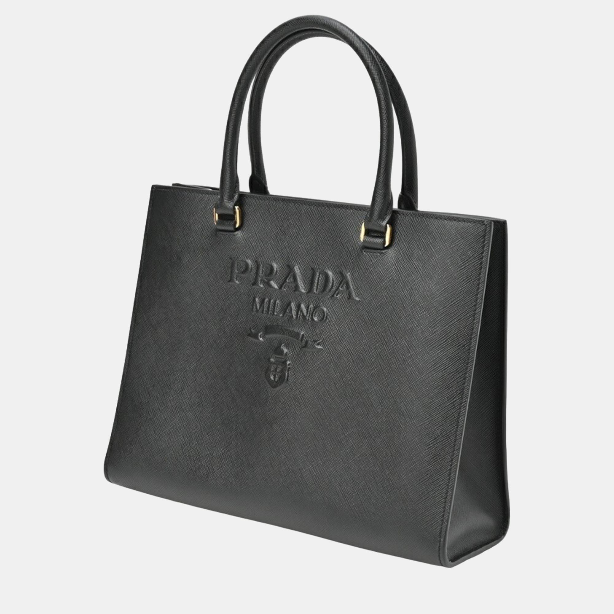 Prada Black Saffiano Leather Medium Lux Embossed Logo Tote Bag