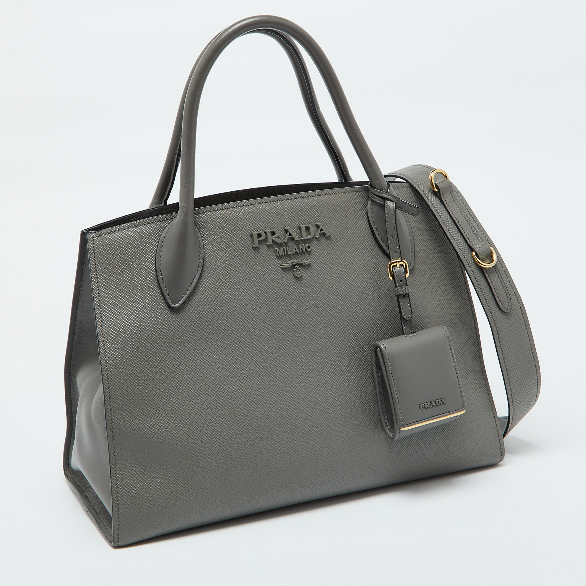 Prada Grey Saffiano Cuir Leather Monochrome Tote