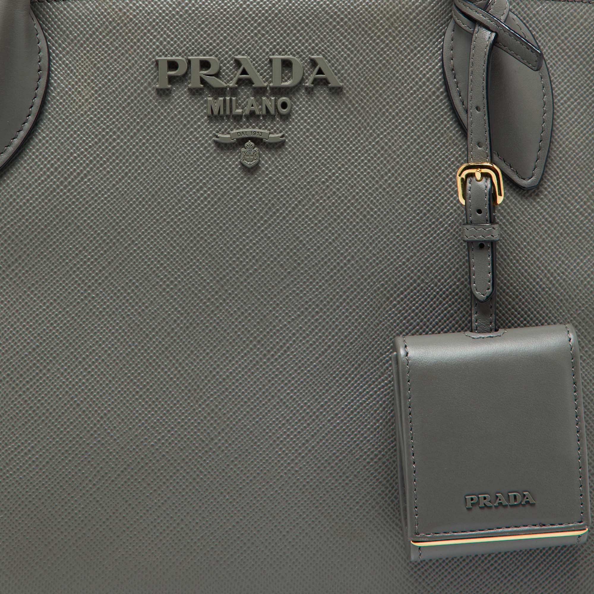 Prada Grey Saffiano Cuir Leather Monochrome Tote