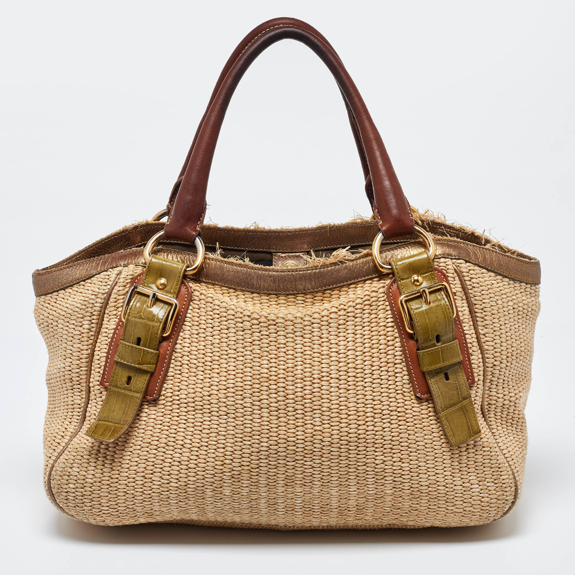 Prada Multicolor Woven Raffia And Leather Tote