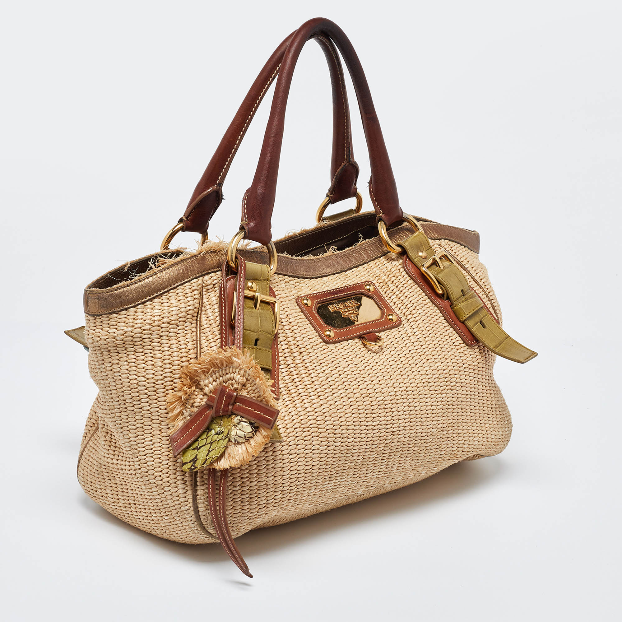 Prada Multicolor Woven Raffia And Leather Tote