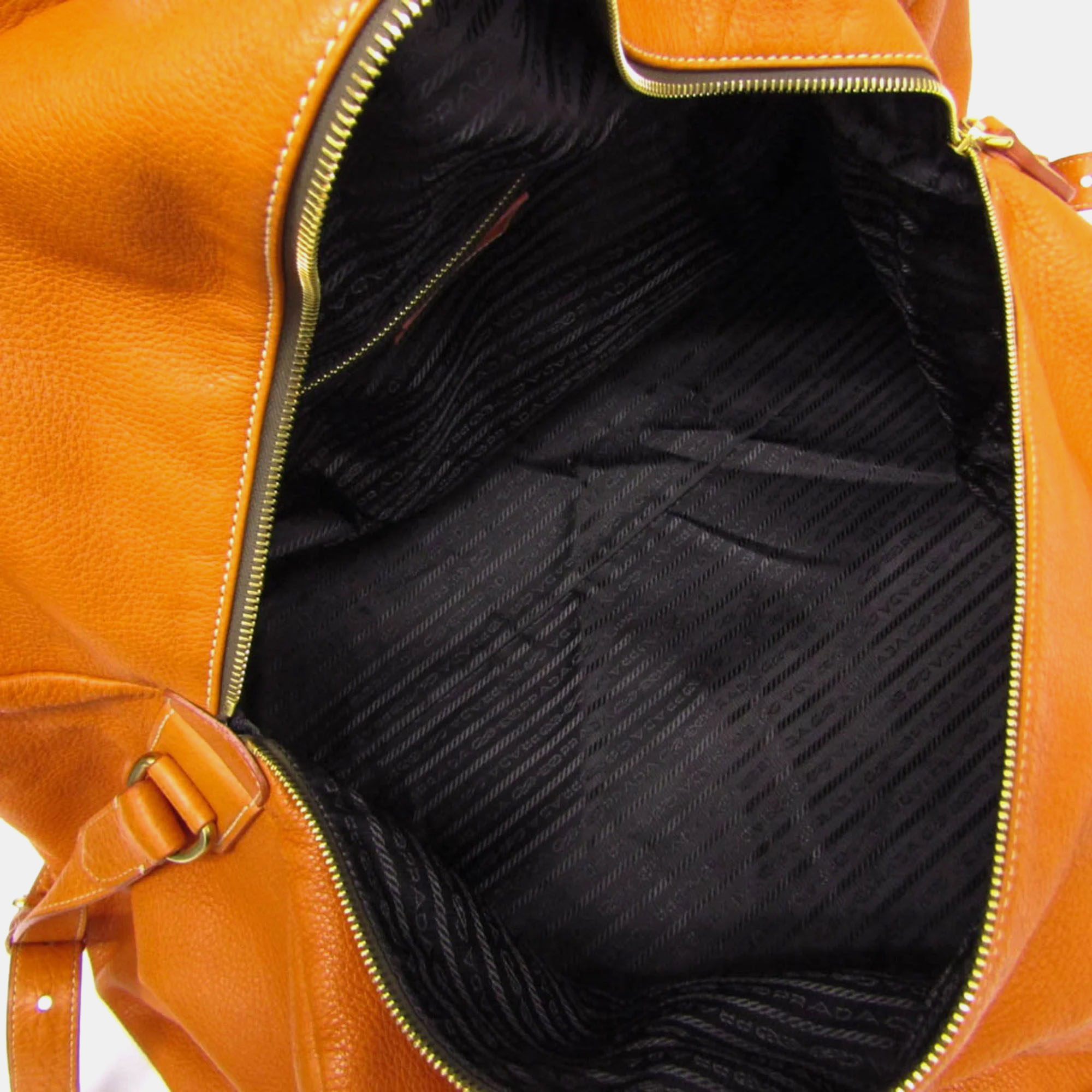 Prada Orange Leather Logo Embossed Duffel Bag