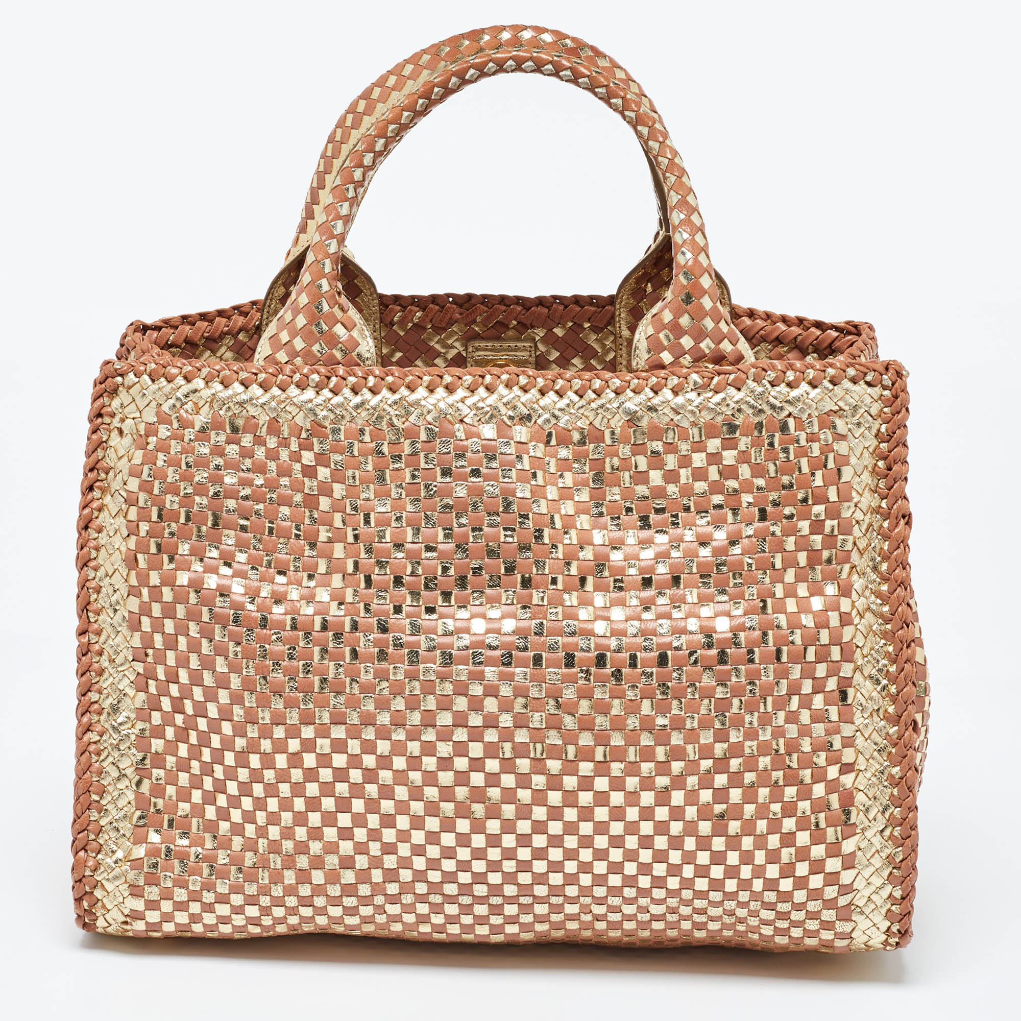 Prada Gold/Brown Woven Madras Leather Snap Tote