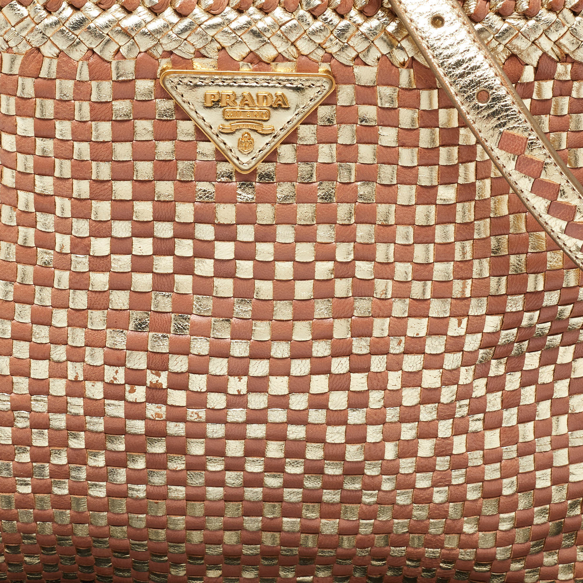 Prada Gold/Brown Woven Madras Leather Snap Tote