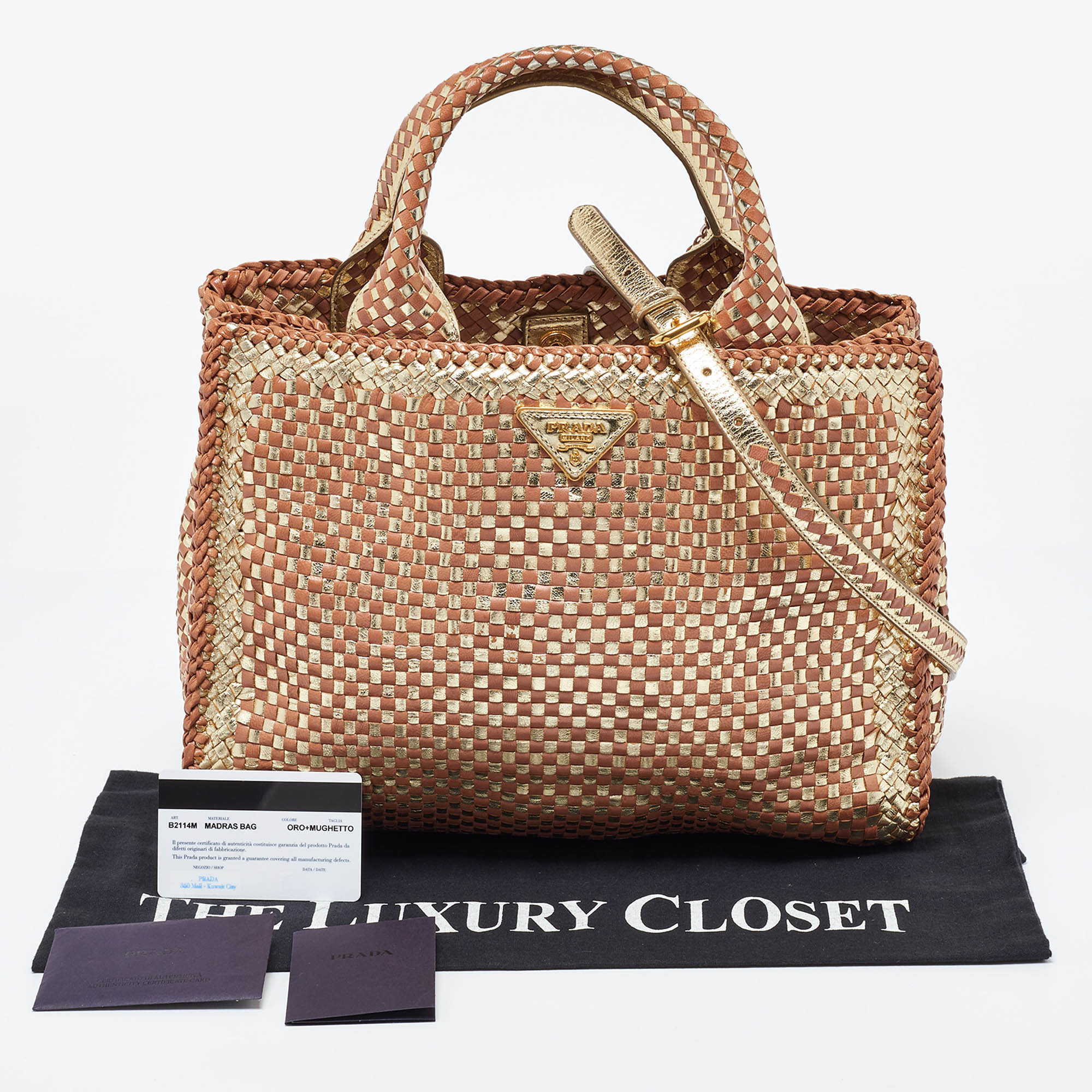 Prada Gold/Brown Woven Madras Leather Snap Tote