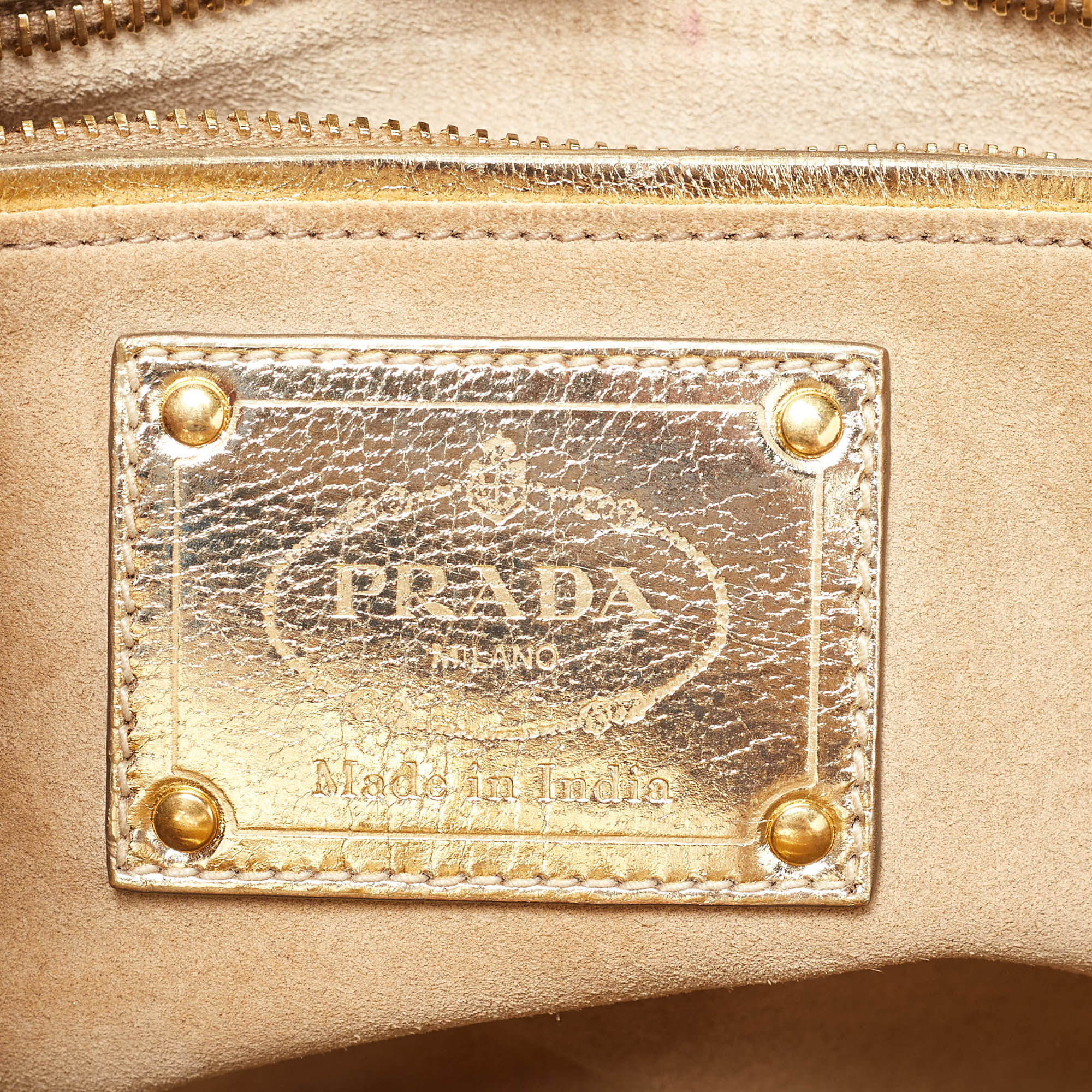 Prada Gold/Brown Woven Madras Leather Snap Tote