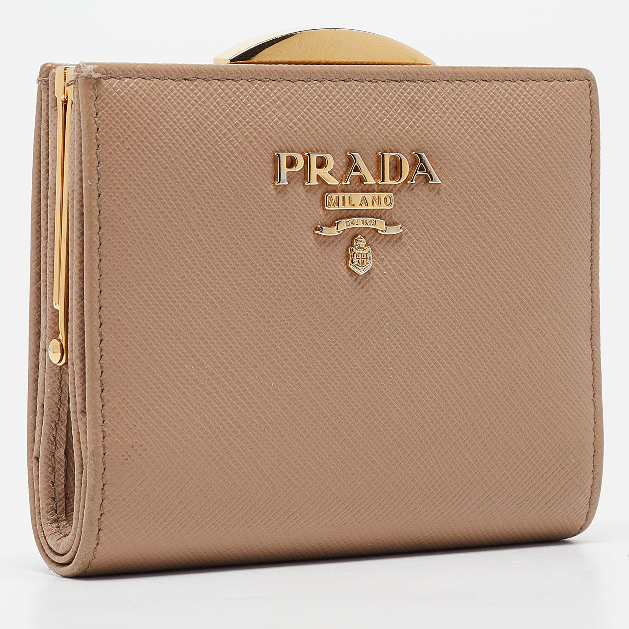 Prada Beige Saffiano Metal Leather Frame Compact Wallet