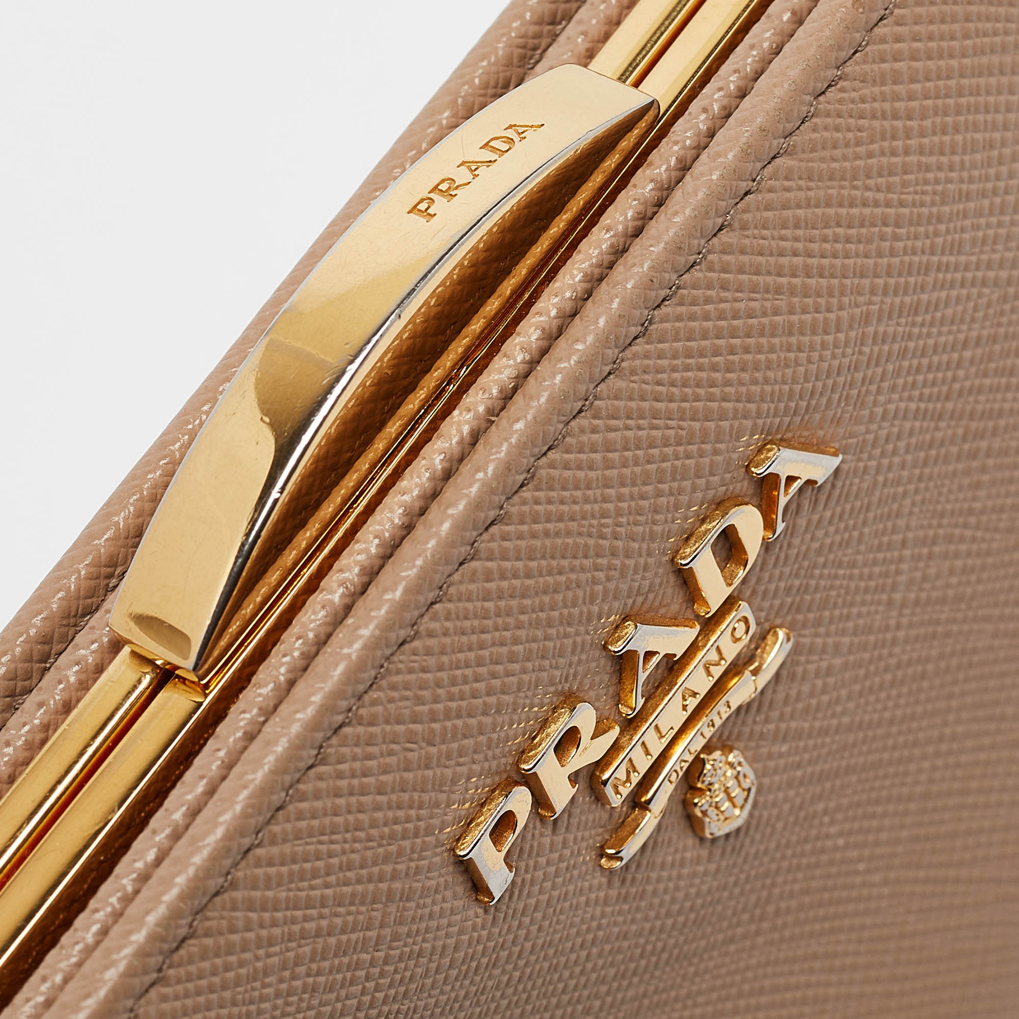 Prada Beige Saffiano Metal Leather Frame Compact Wallet