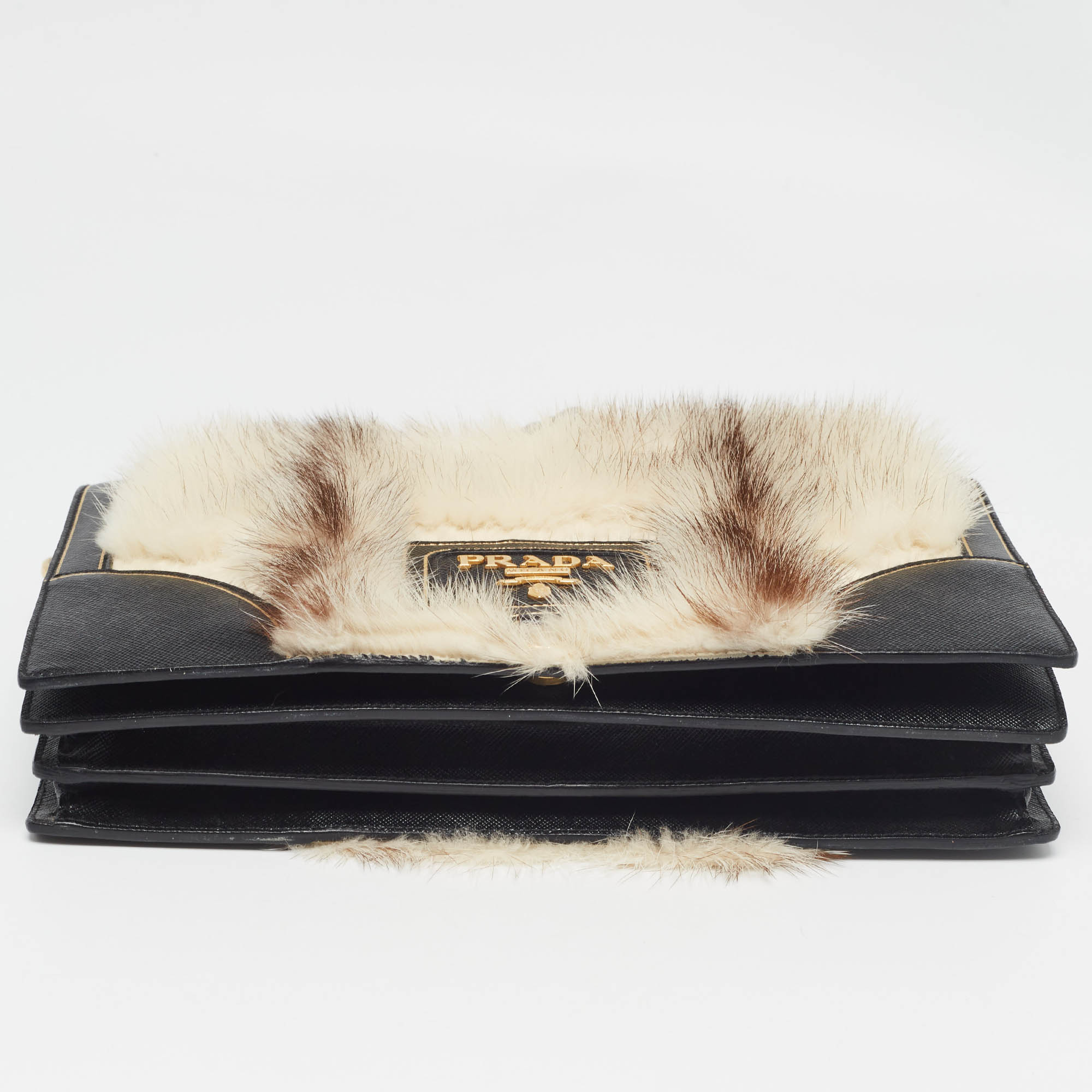 Prada Off White/Black Mink Fur And Saffiano Leather Flap Bag