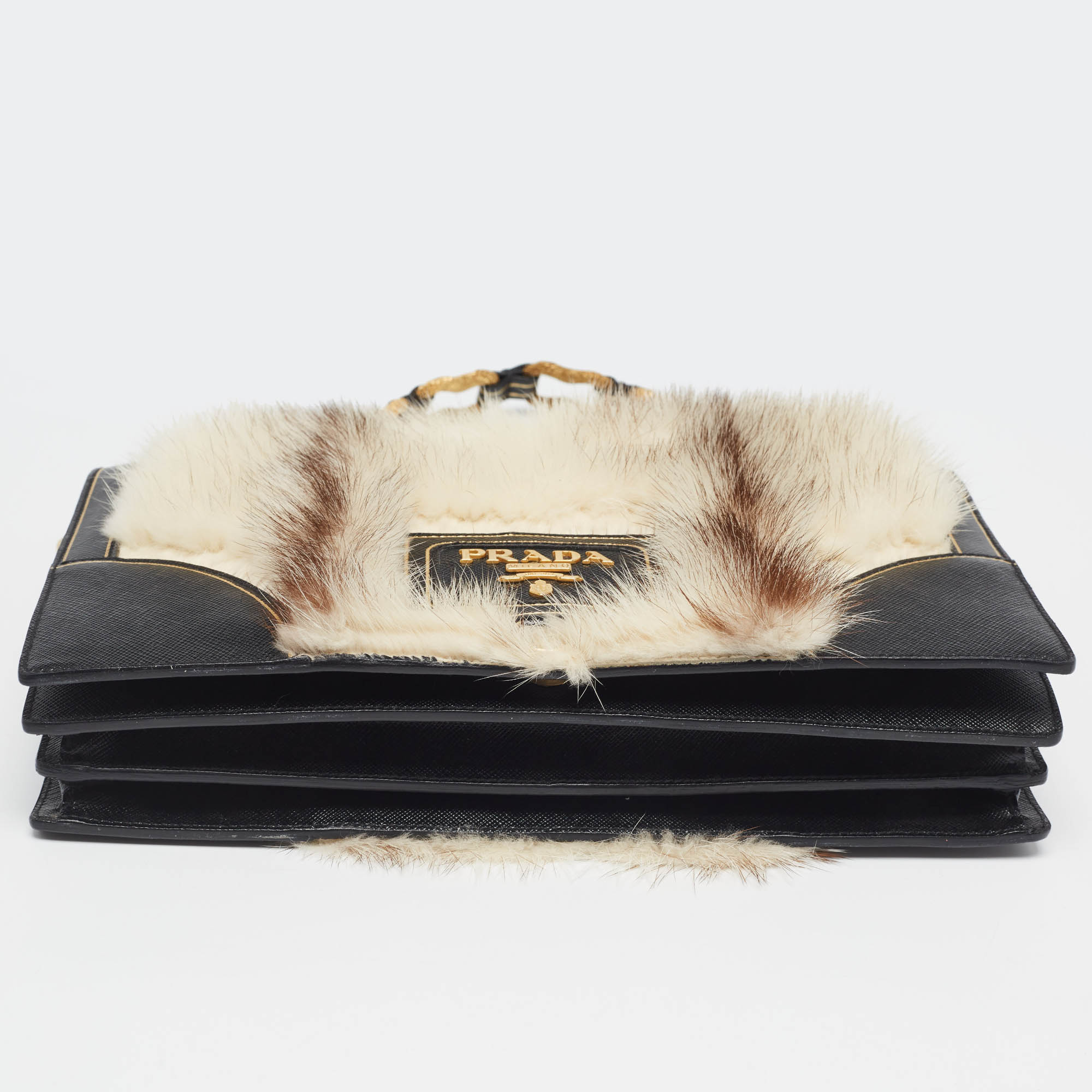 Prada Off White/Black Mink Fur And Saffiano Leather Flap Bag