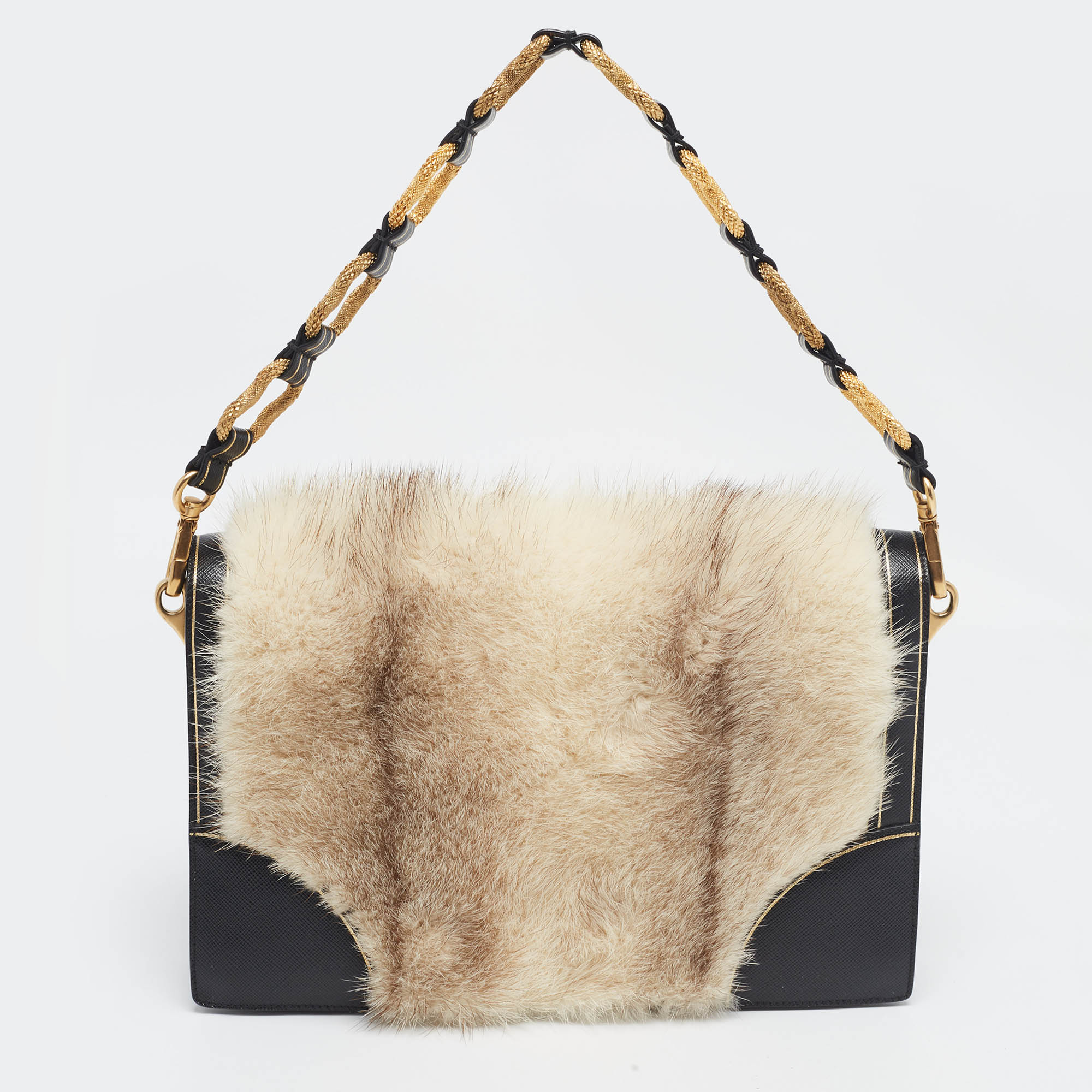 Prada Off White/Black Mink Fur And Saffiano Leather Flap Bag