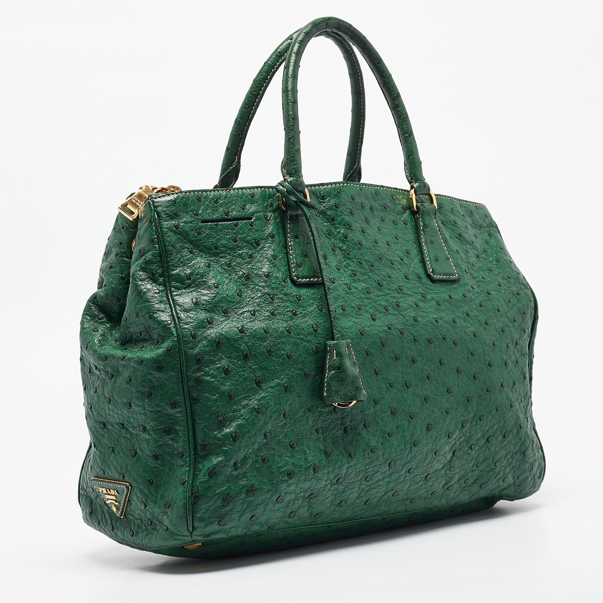 Prada Green Ostrich Large Double Zip Tote