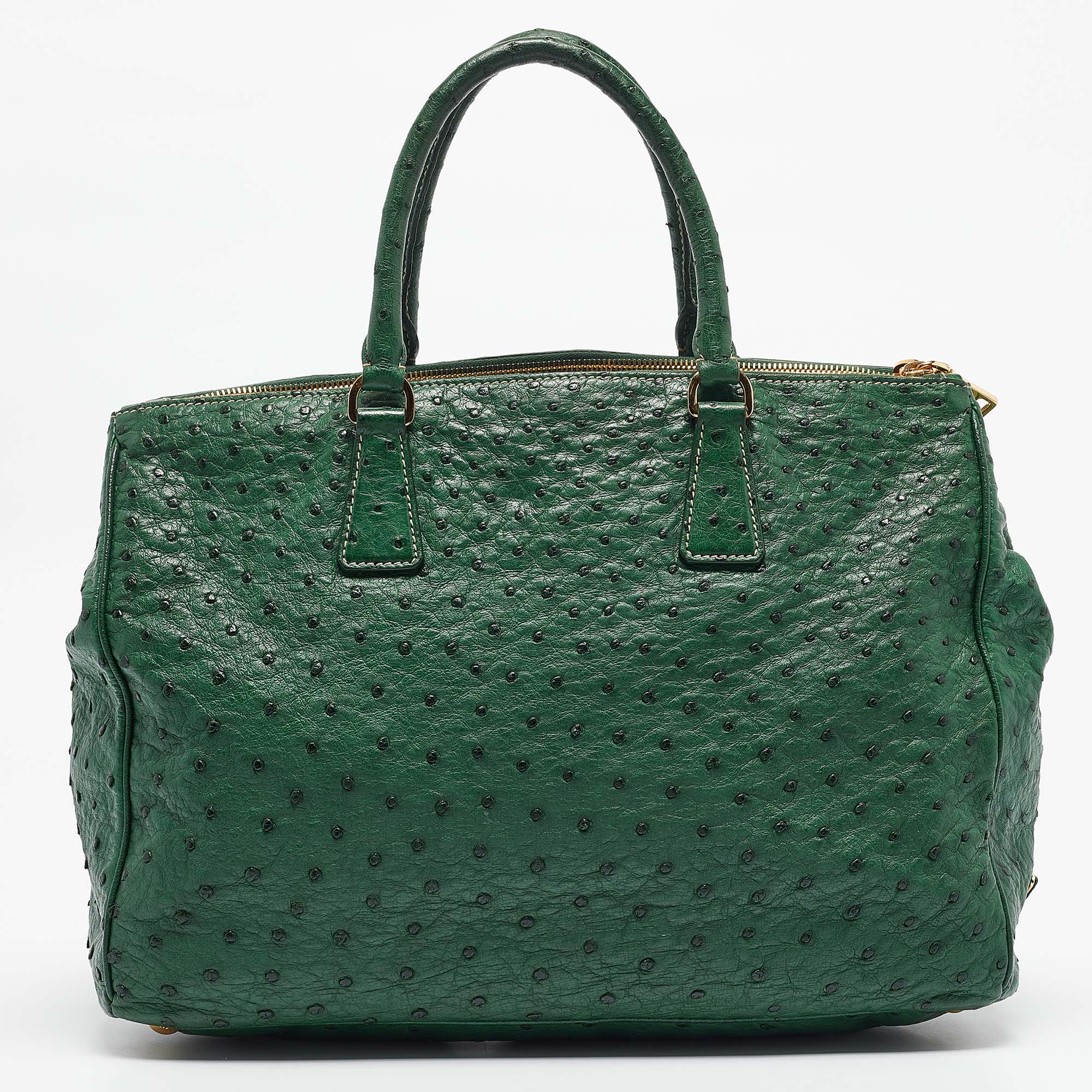 Prada Green Ostrich Large Double Zip Tote