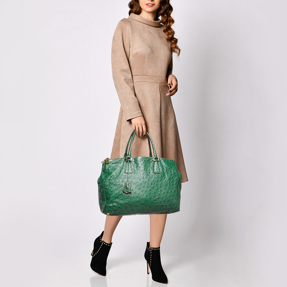 Prada Green Ostrich Large Double Zip Tote