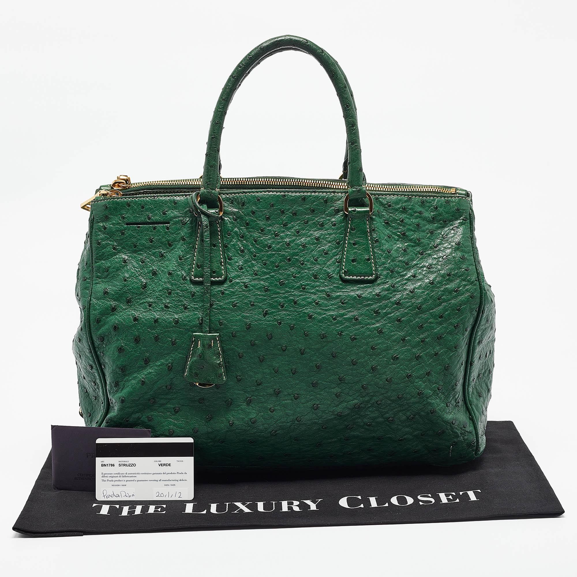 Prada Green Ostrich Large Double Zip Tote