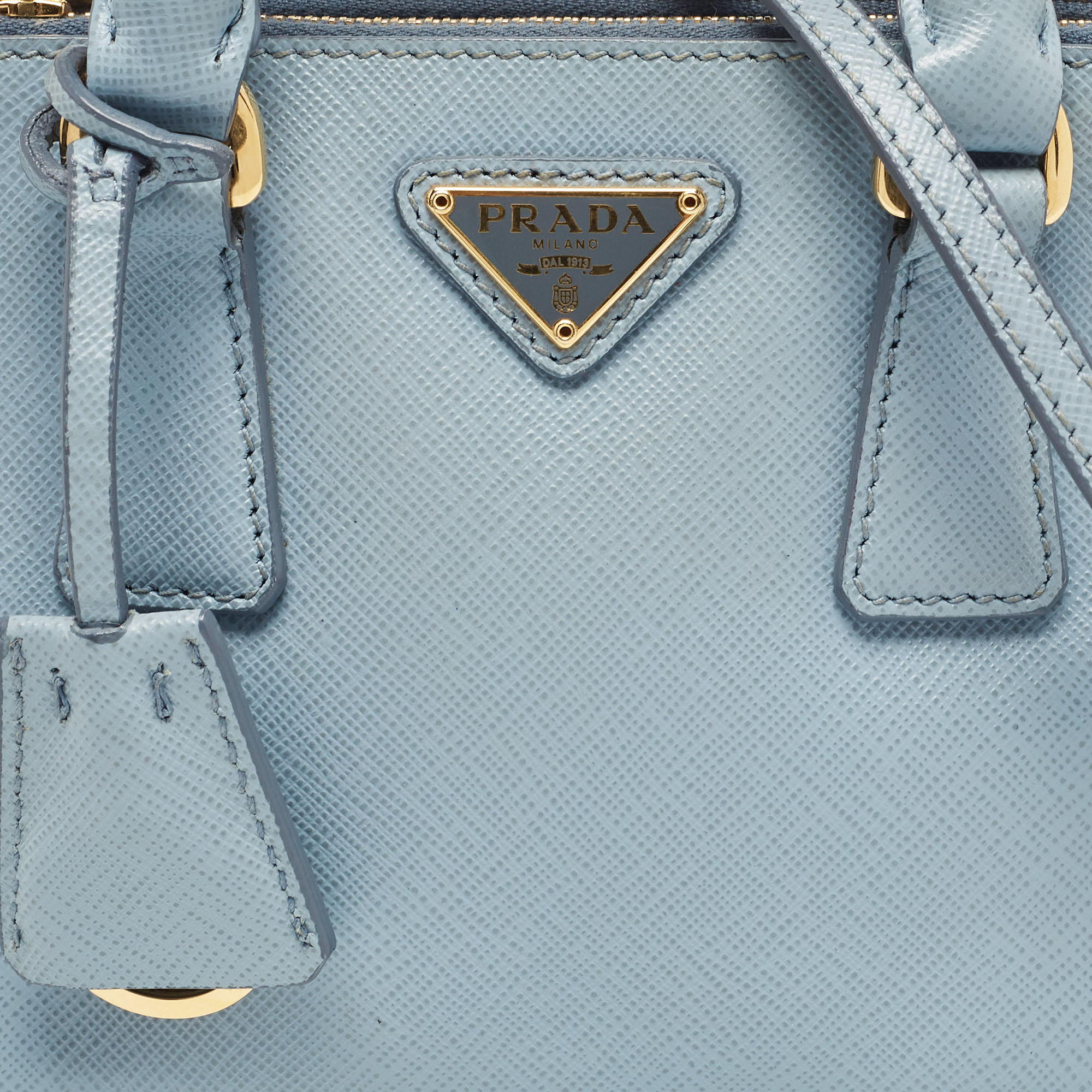 Prada Light Blue Saffiano Lux Leather Micro Double Zip Tote