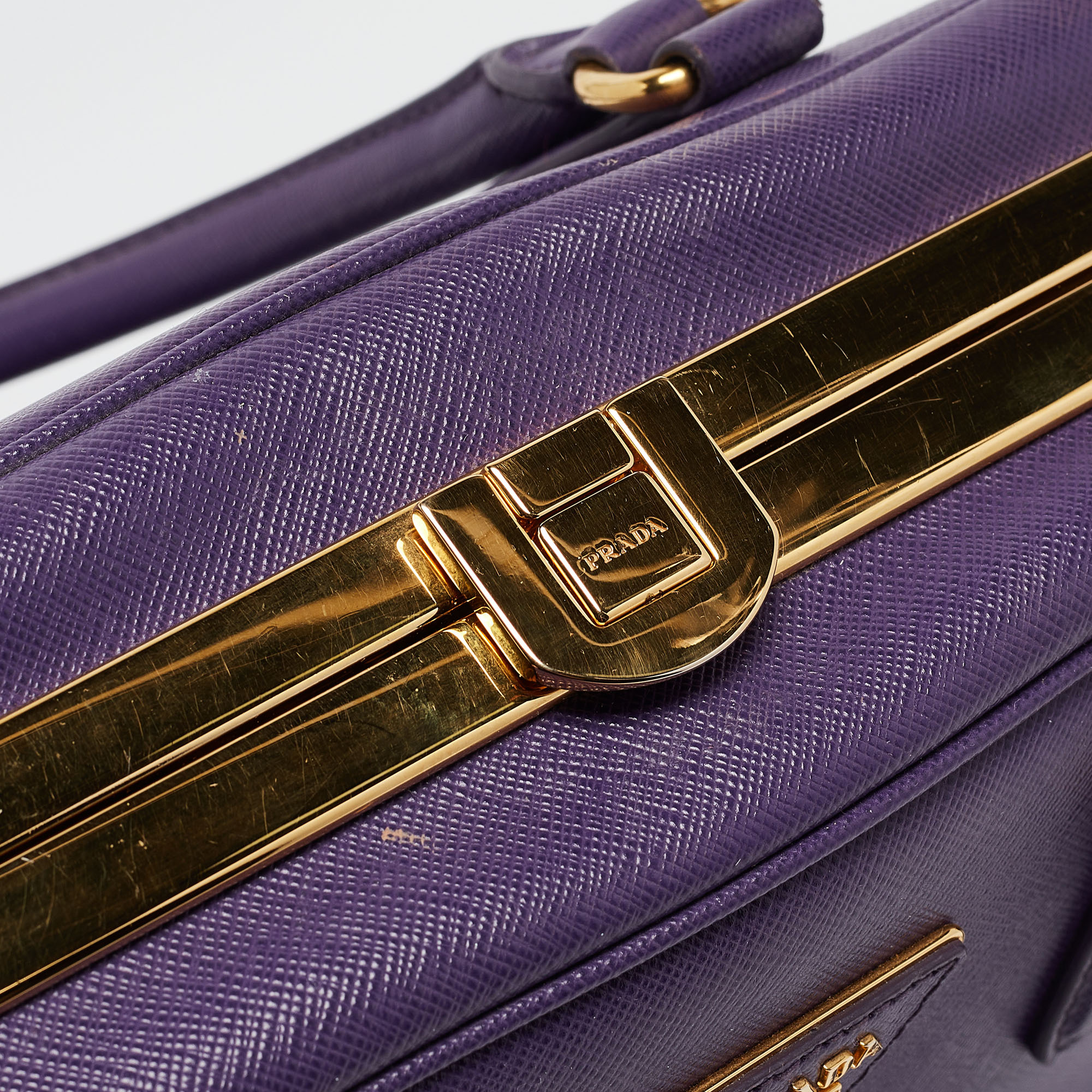 Prada Purple Saffiano Lux Leather Pyramid Frame Satchel