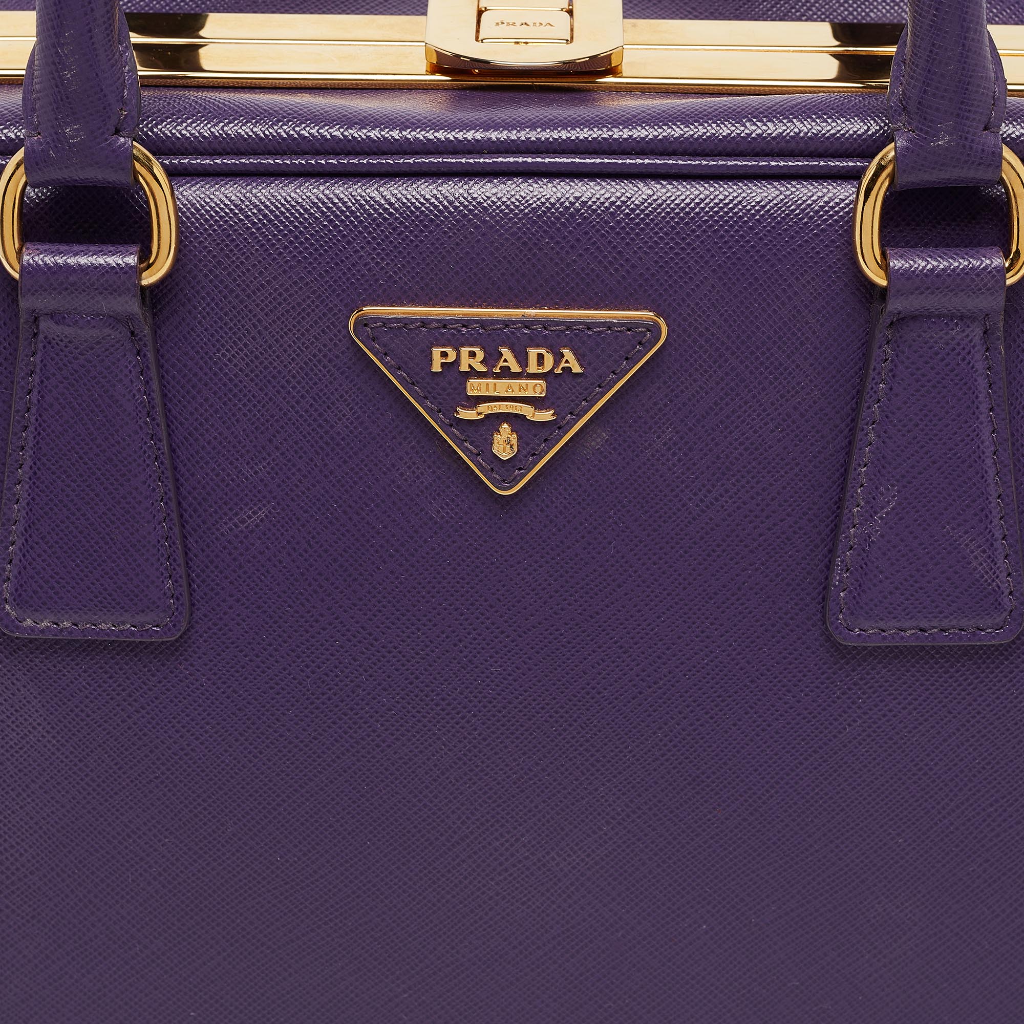 Prada Purple Saffiano Lux Leather Pyramid Frame Satchel