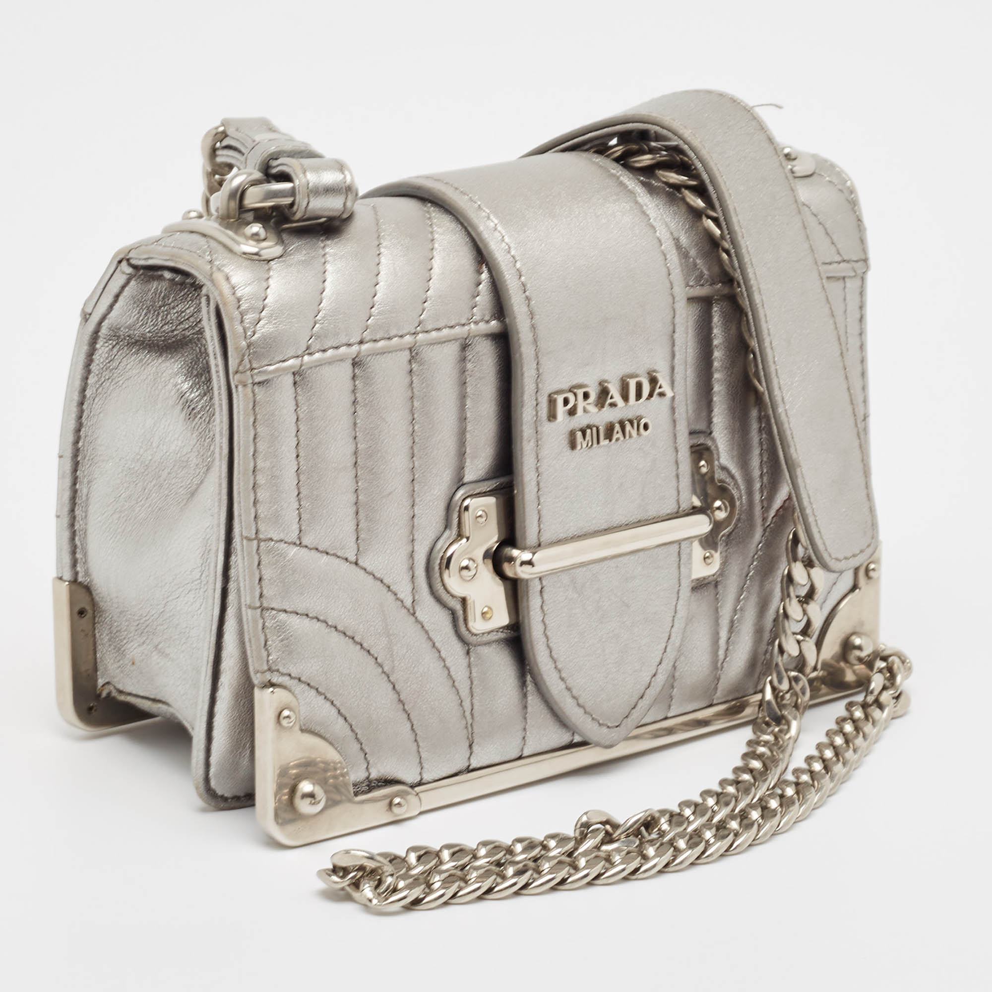 Prada Silver Leather Cahier Chain Bag