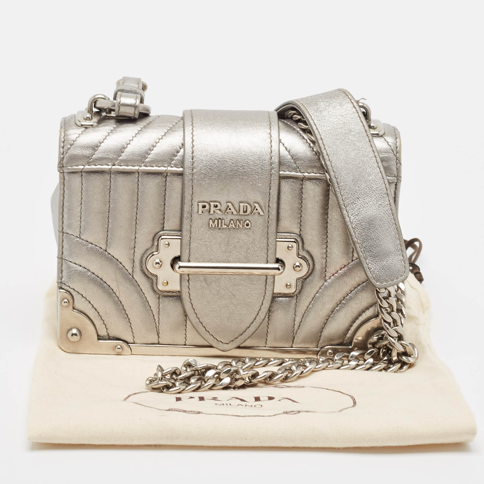 Prada Silver Leather Cahier Chain Bag