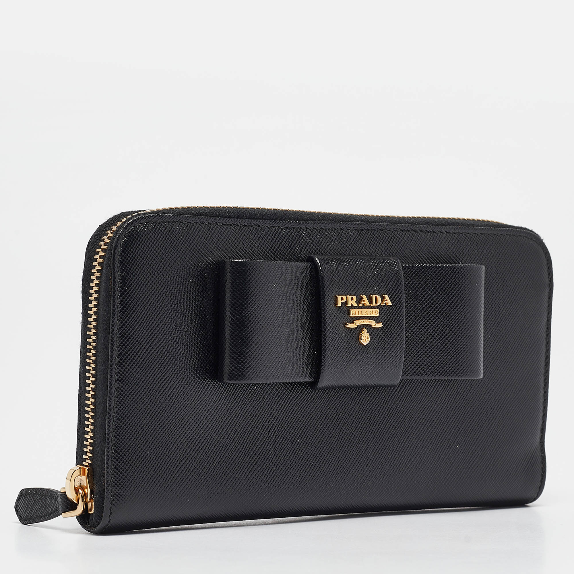 Prada Black Saffiano Metal Leather Bow Continental Wallet