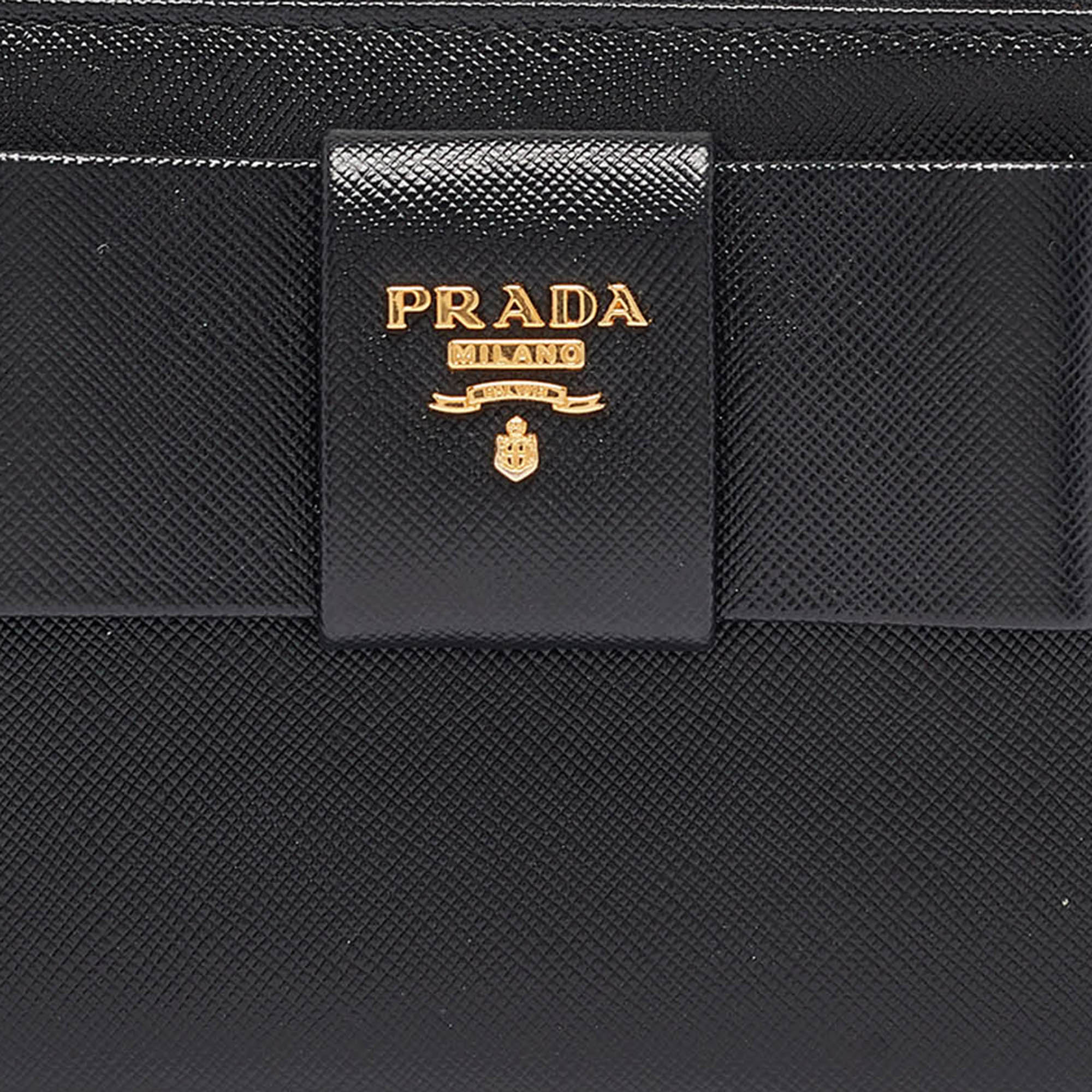 Prada Black Saffiano Metal Leather Bow Continental Wallet