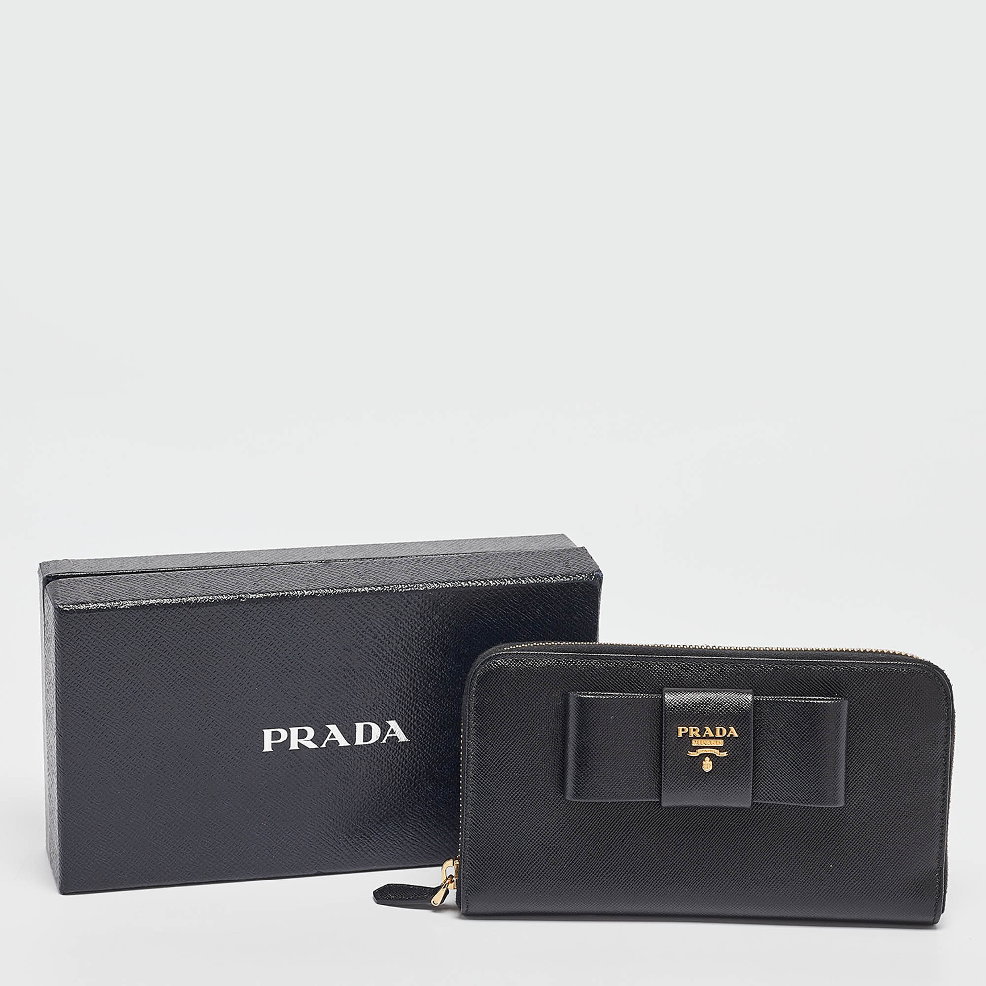 Prada Black Saffiano Metal Leather Bow Continental Wallet