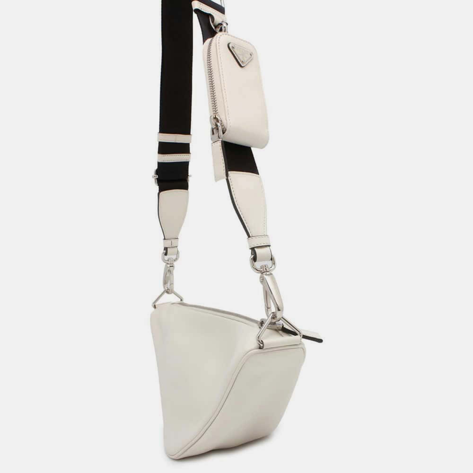 Prada White Leather Logo Embossed Triangle Shoulder Bag