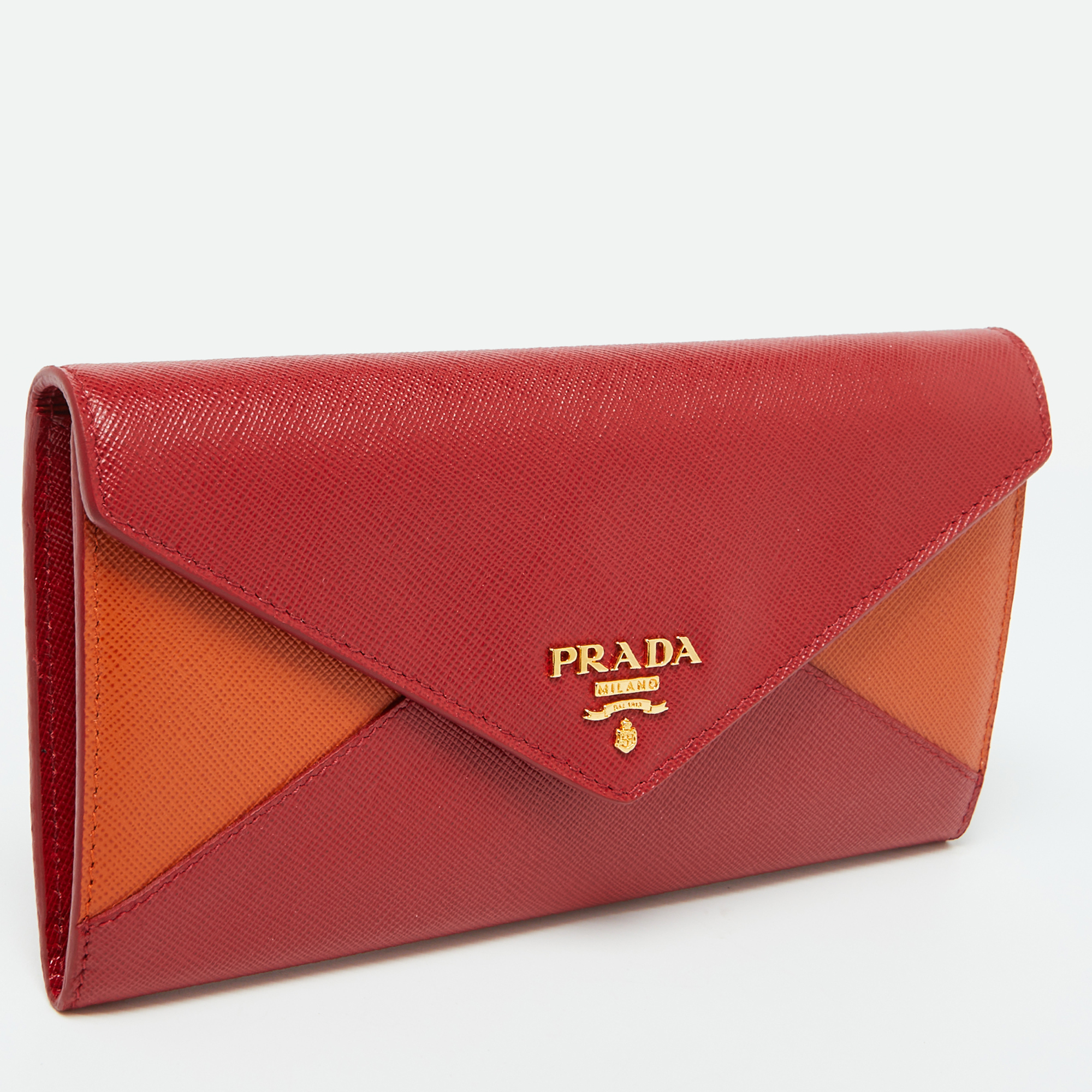 Prada Red/Orange Saffiano Leather Envelope Flap Continental Wallet