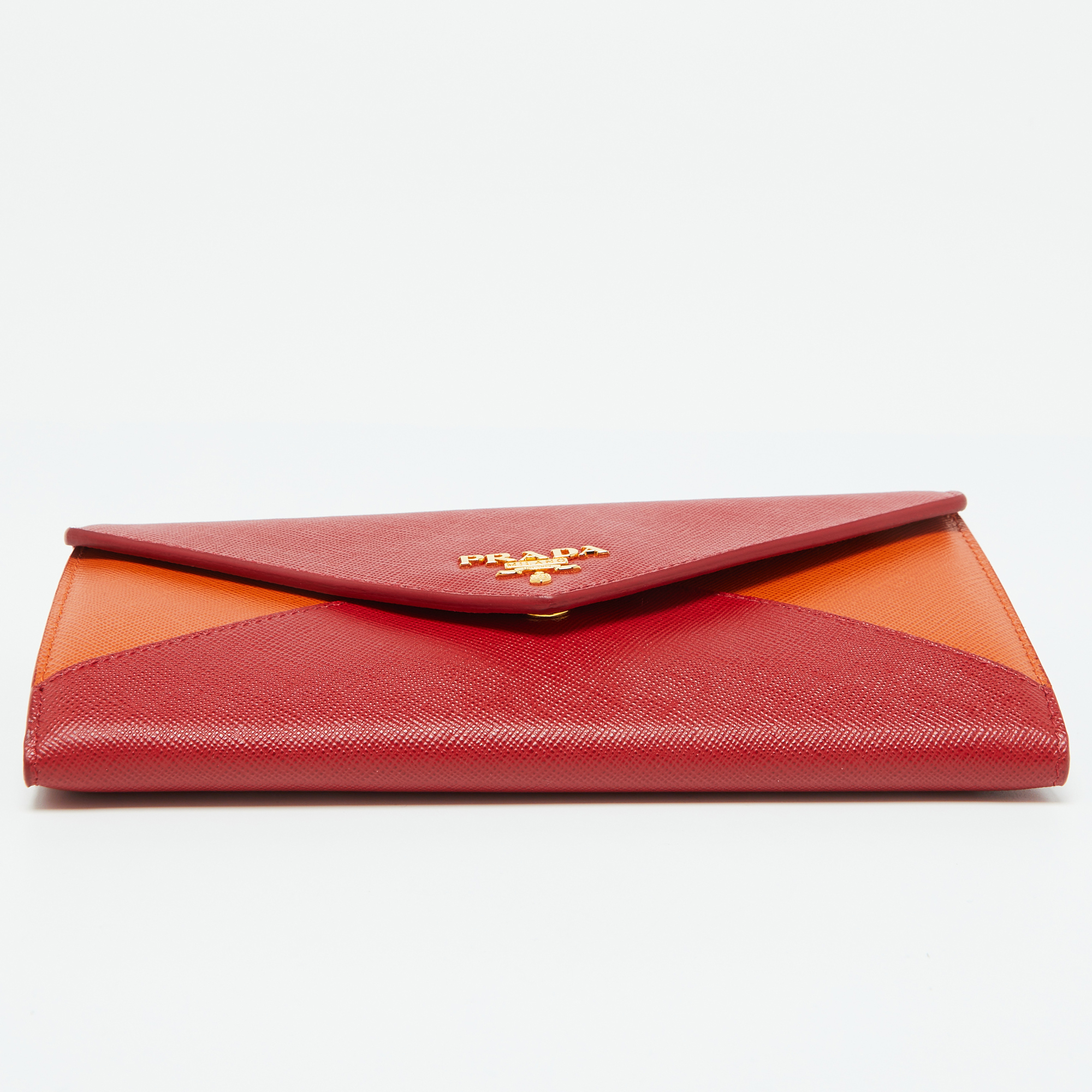 Prada Red/Orange Saffiano Leather Envelope Flap Continental Wallet