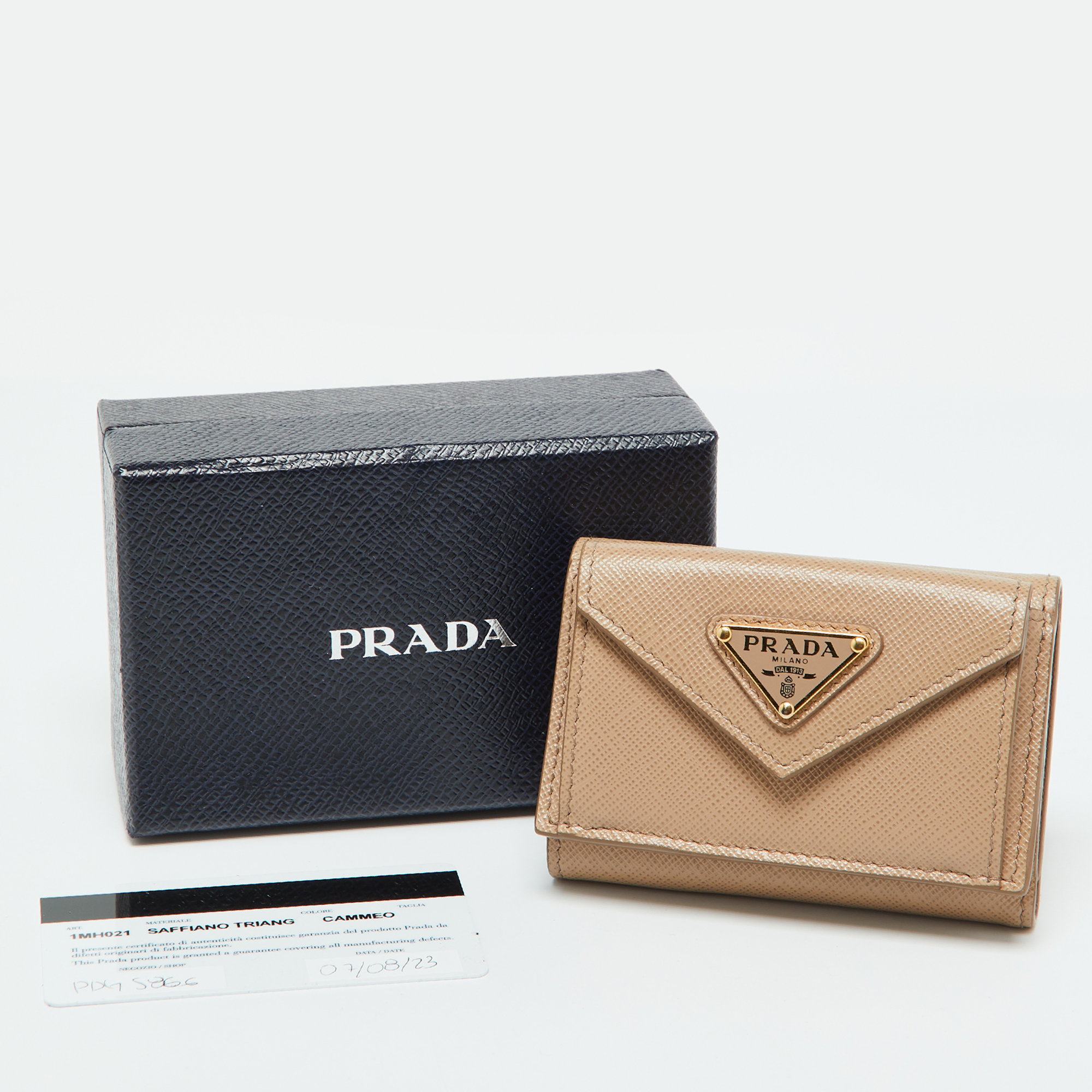 Prada Beige Saffiano Leather Trifold Case Wallet