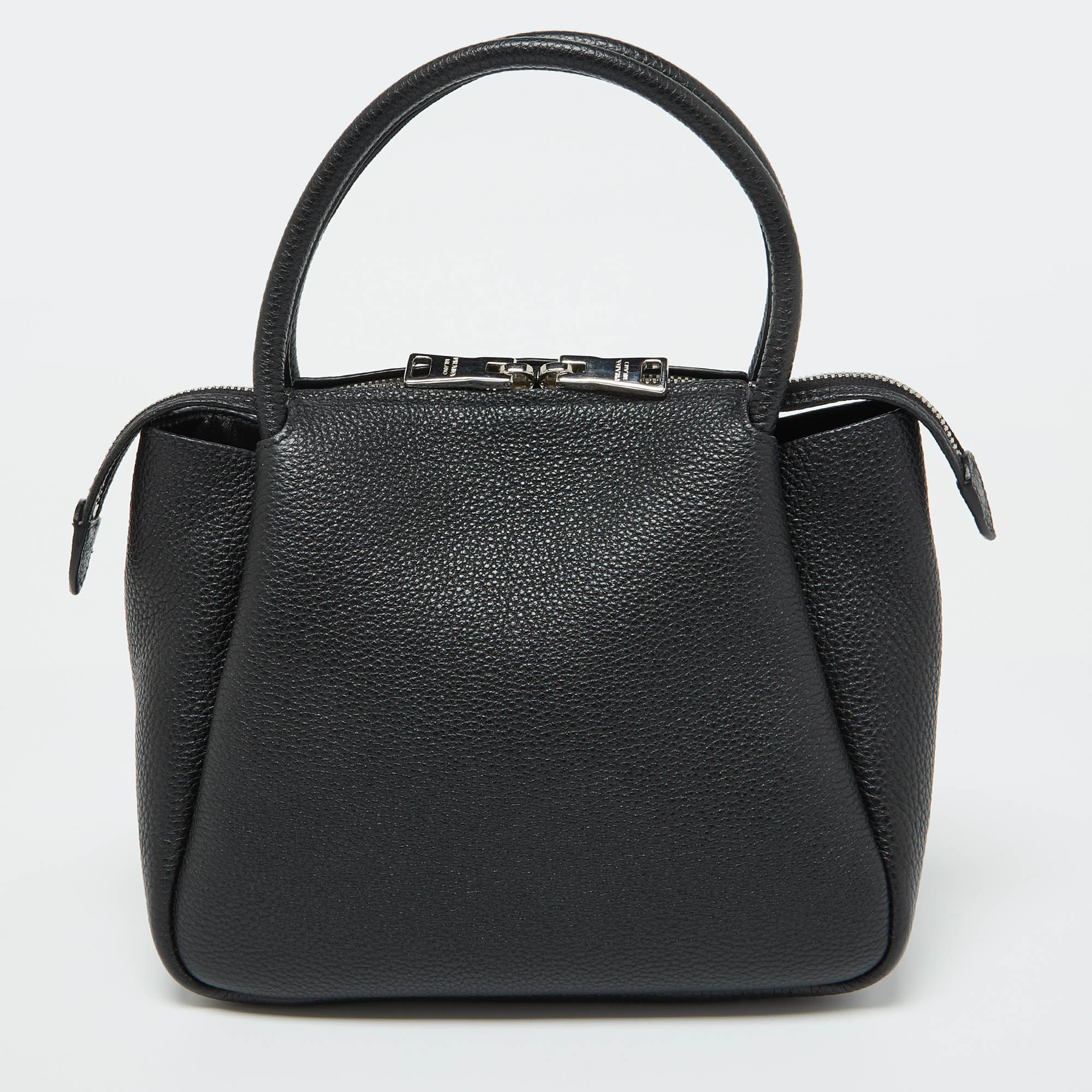 Prada Black Vitello Leather Daino Top Zip Satchel