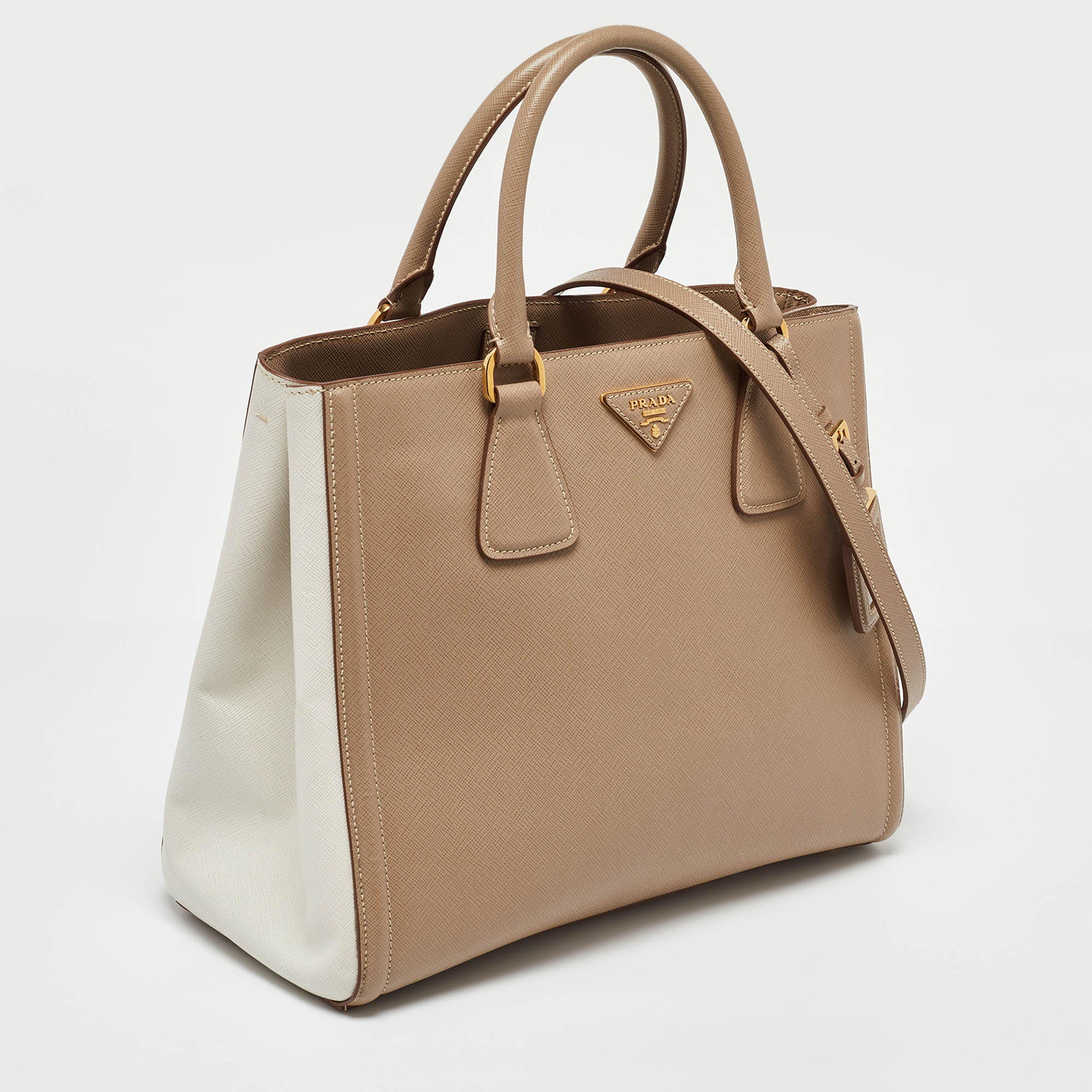 Prada Beige/White Saffiano Lux Leather Open Tote