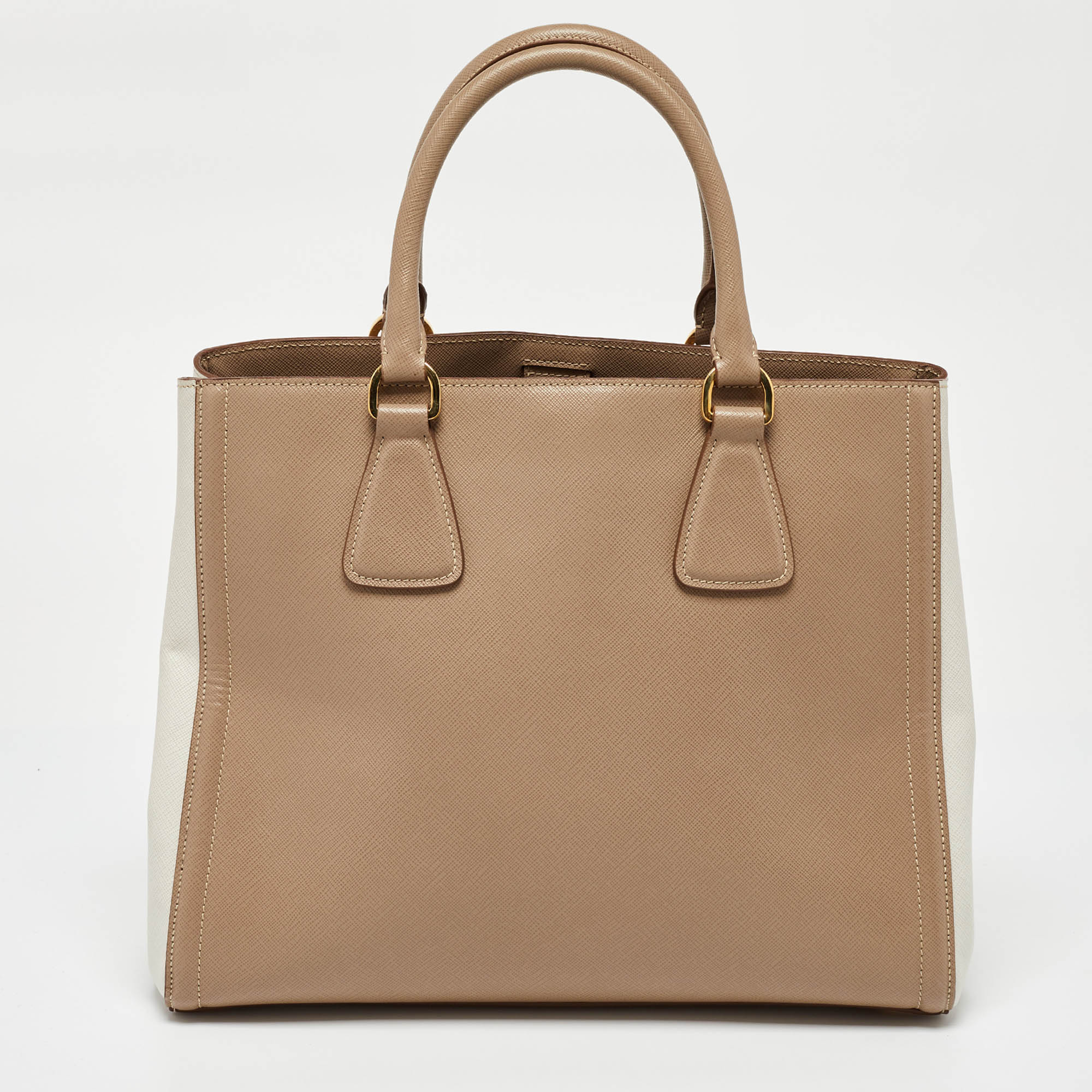 Prada Beige/White Saffiano Lux Leather Open Tote