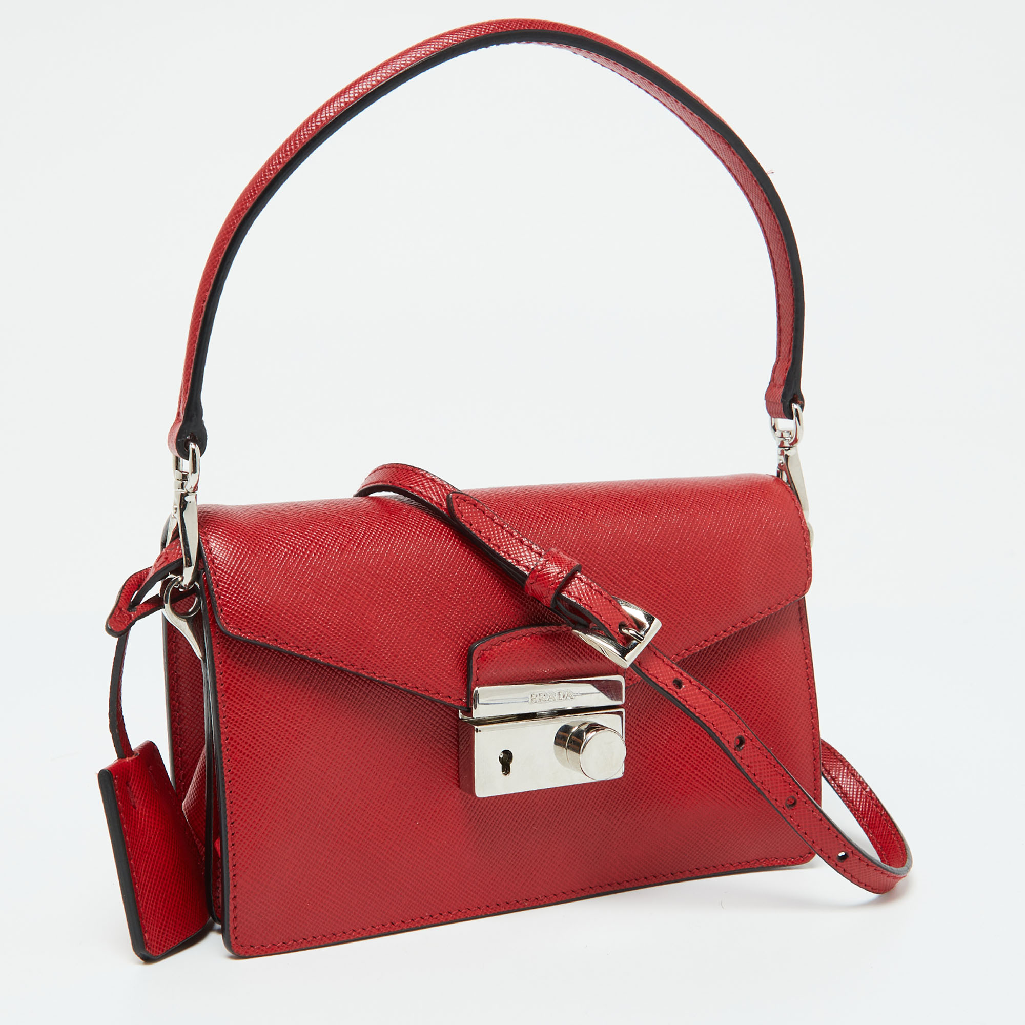 Prada Red Saffiano Lux Leather Mini Sound Flap Crossbody Bag