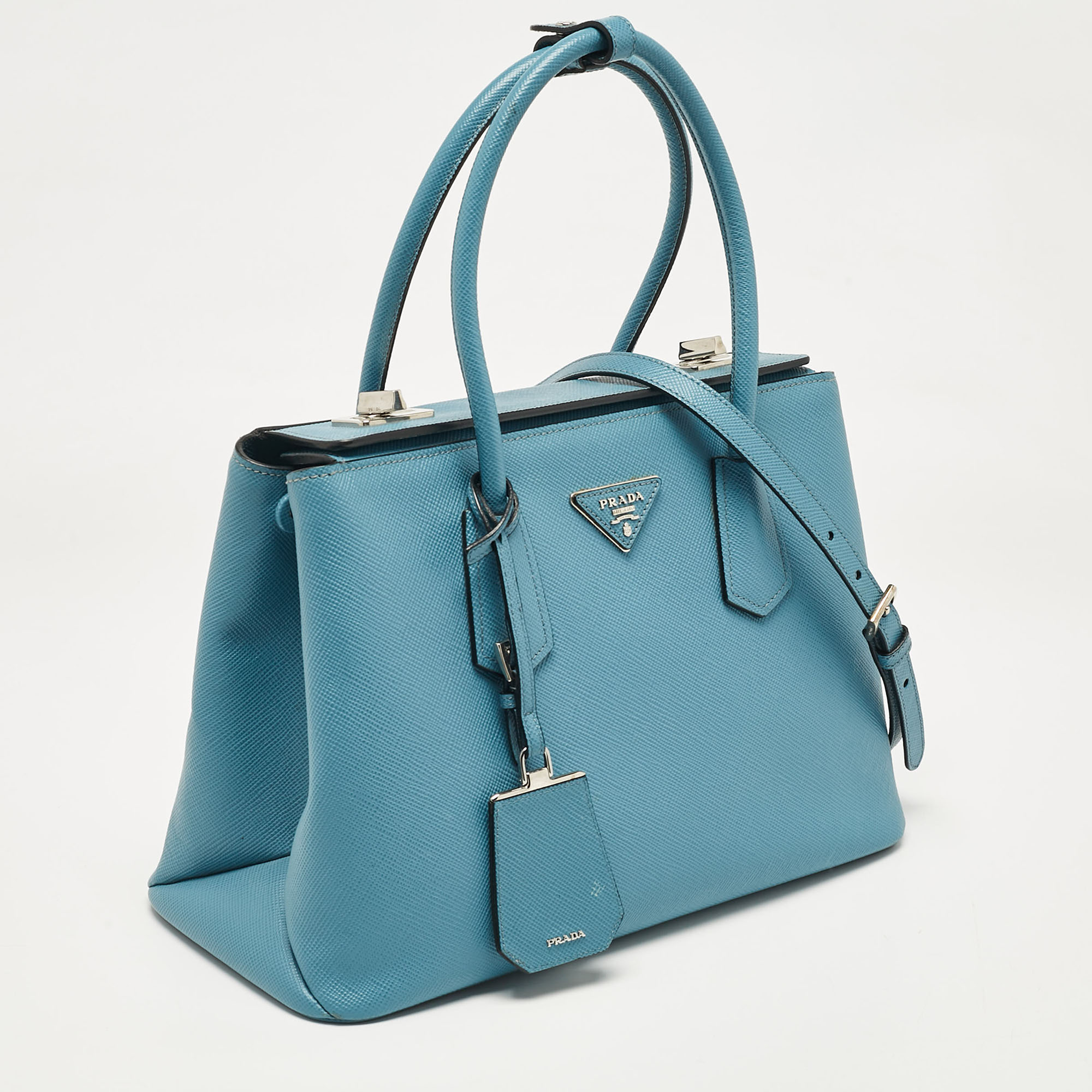 Prada Light Blue Saffiano Lux Leather Twin Tote