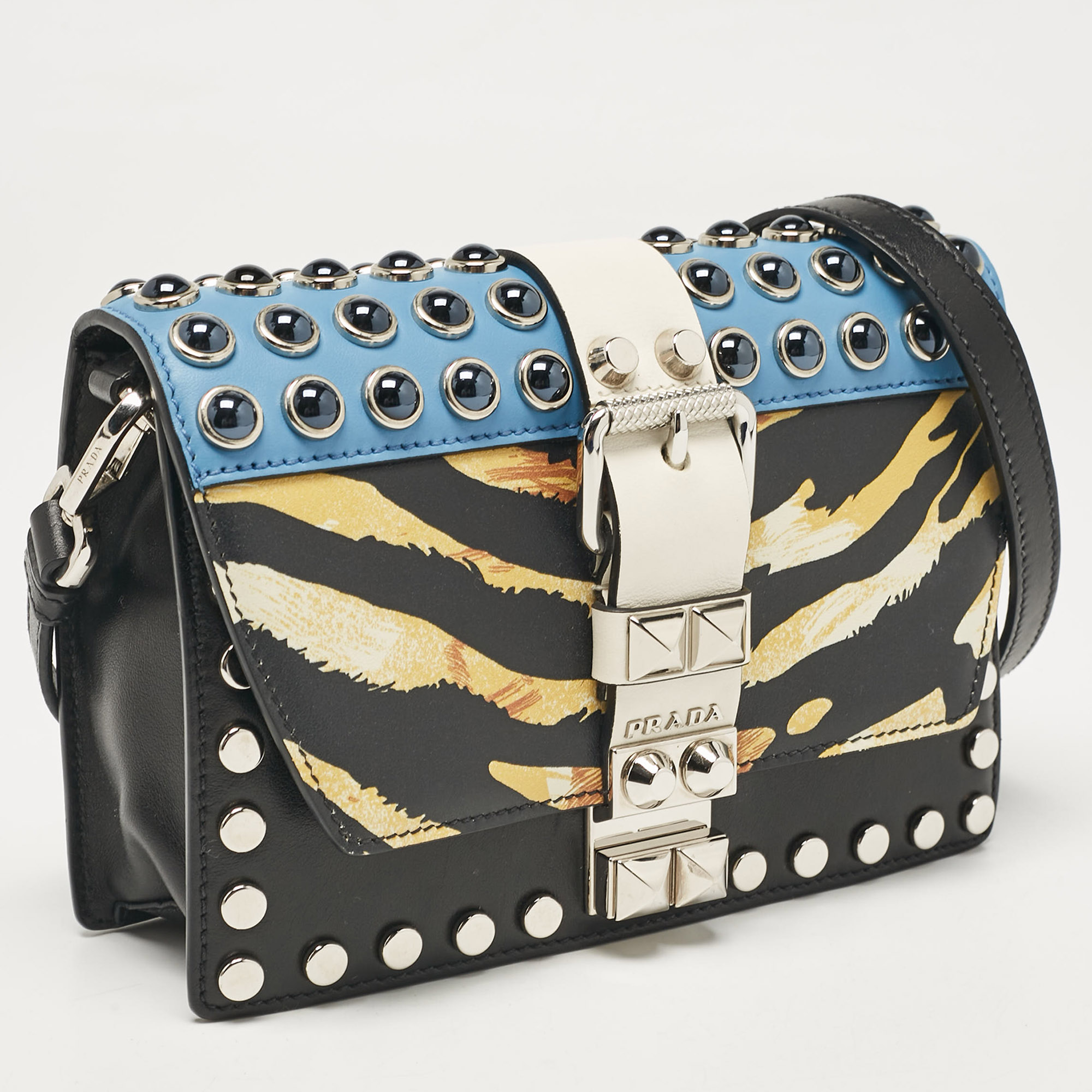 Prada Multicolor Zebra Print Leather Elektra Studded Shoulder Bag