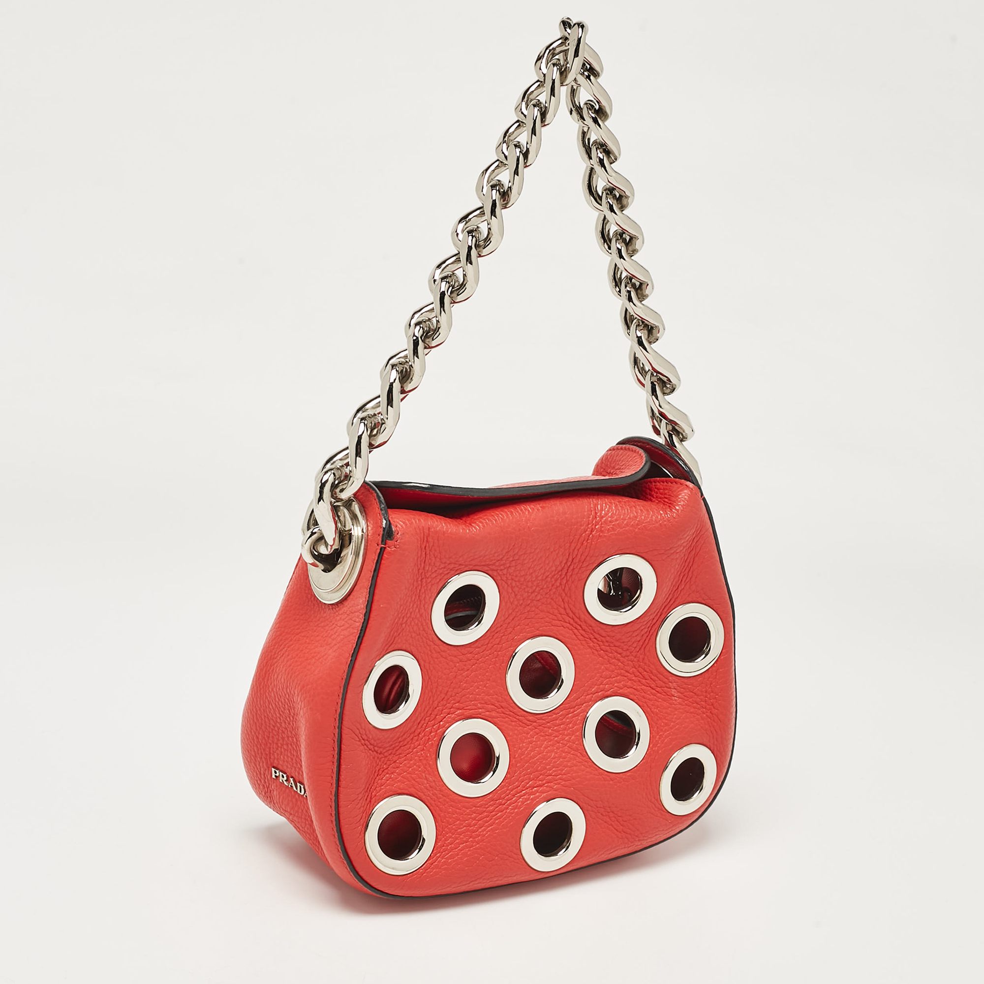 Prada Red Leather Grommet Shoulder Bag