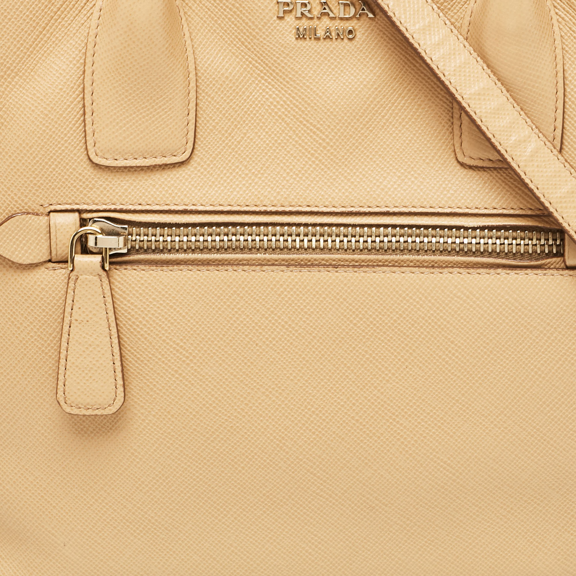 Prada Tan Saffiano Cuir Leather Open Promenade Satchel