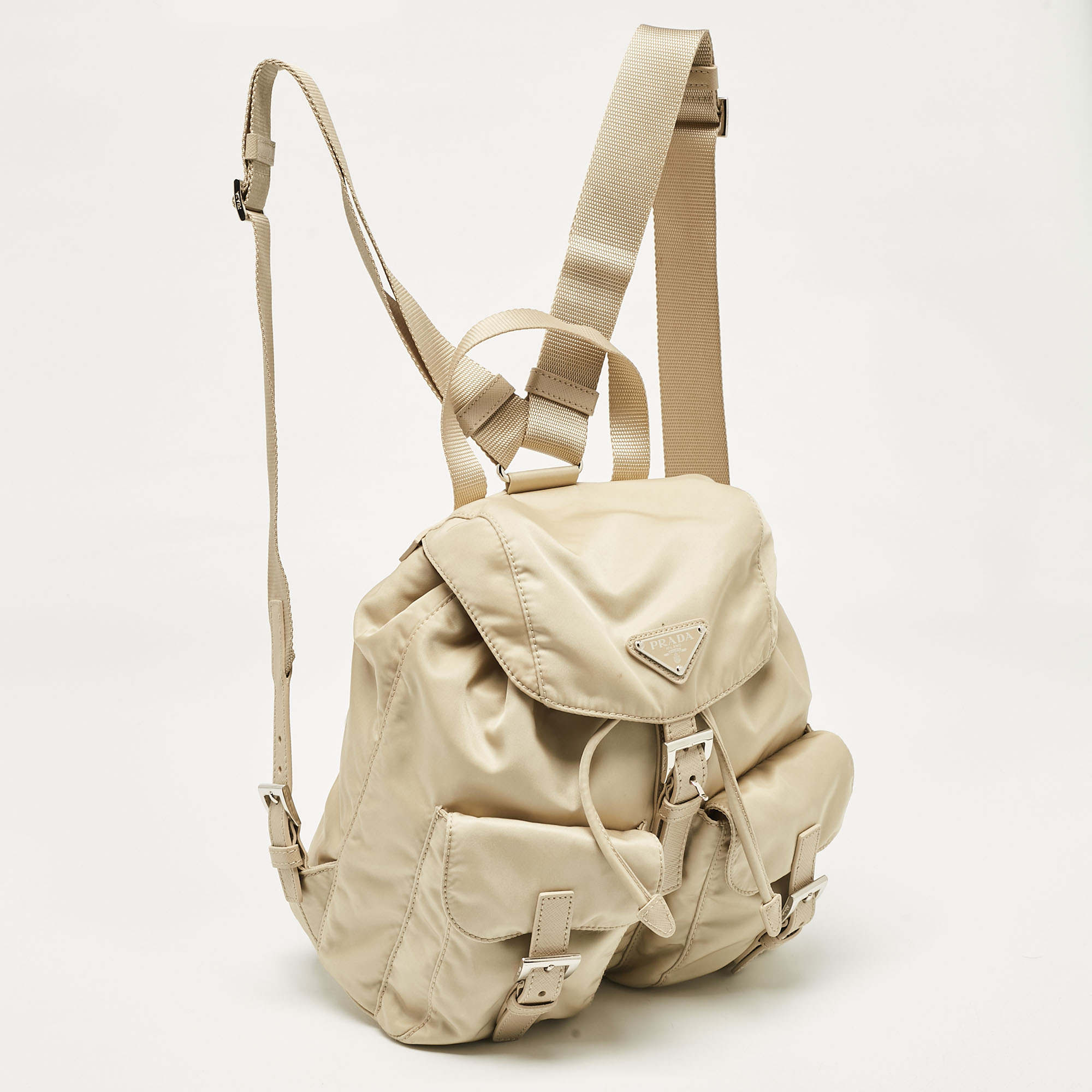 Prada Beige Nylon And Leather Drawstring Backpack