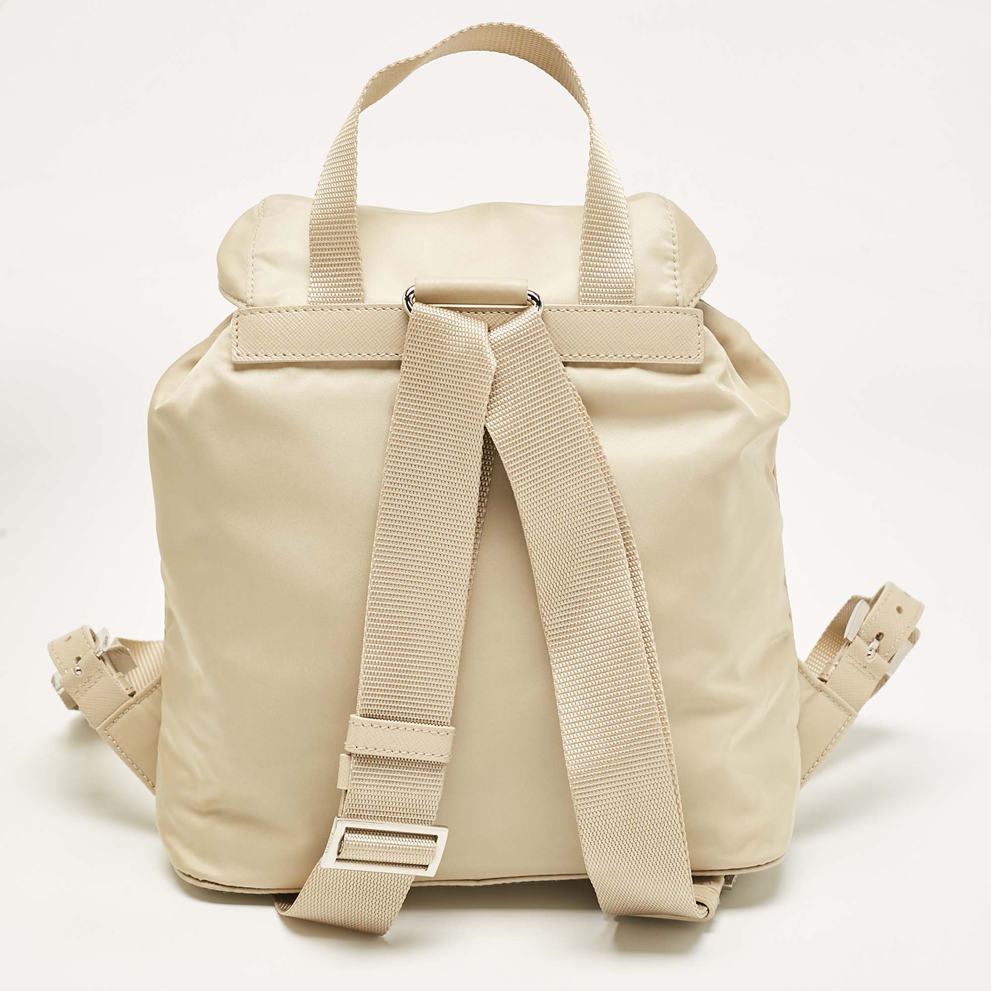 Prada Beige Nylon And Leather Drawstring Backpack