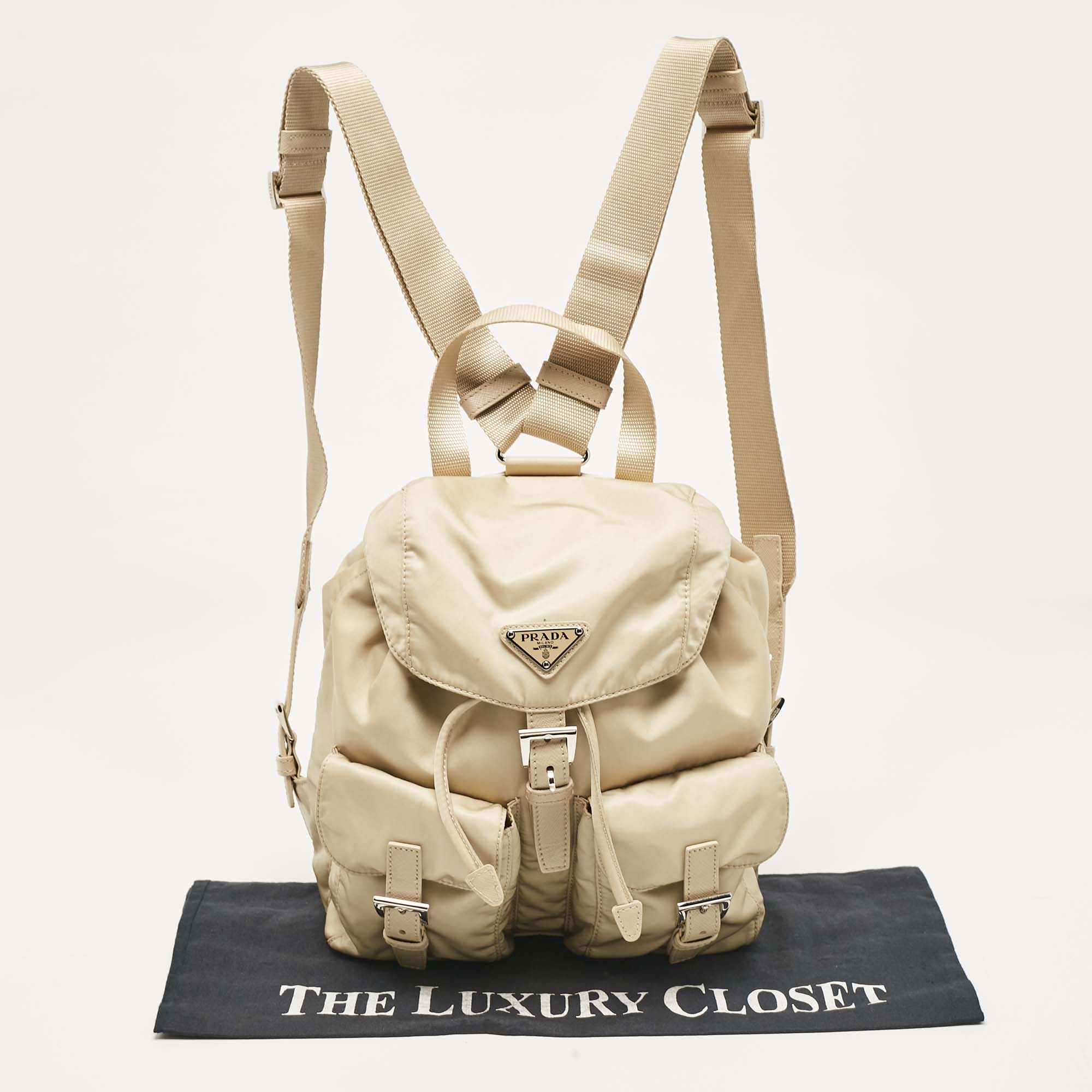 Prada Beige Nylon And Leather Drawstring Backpack