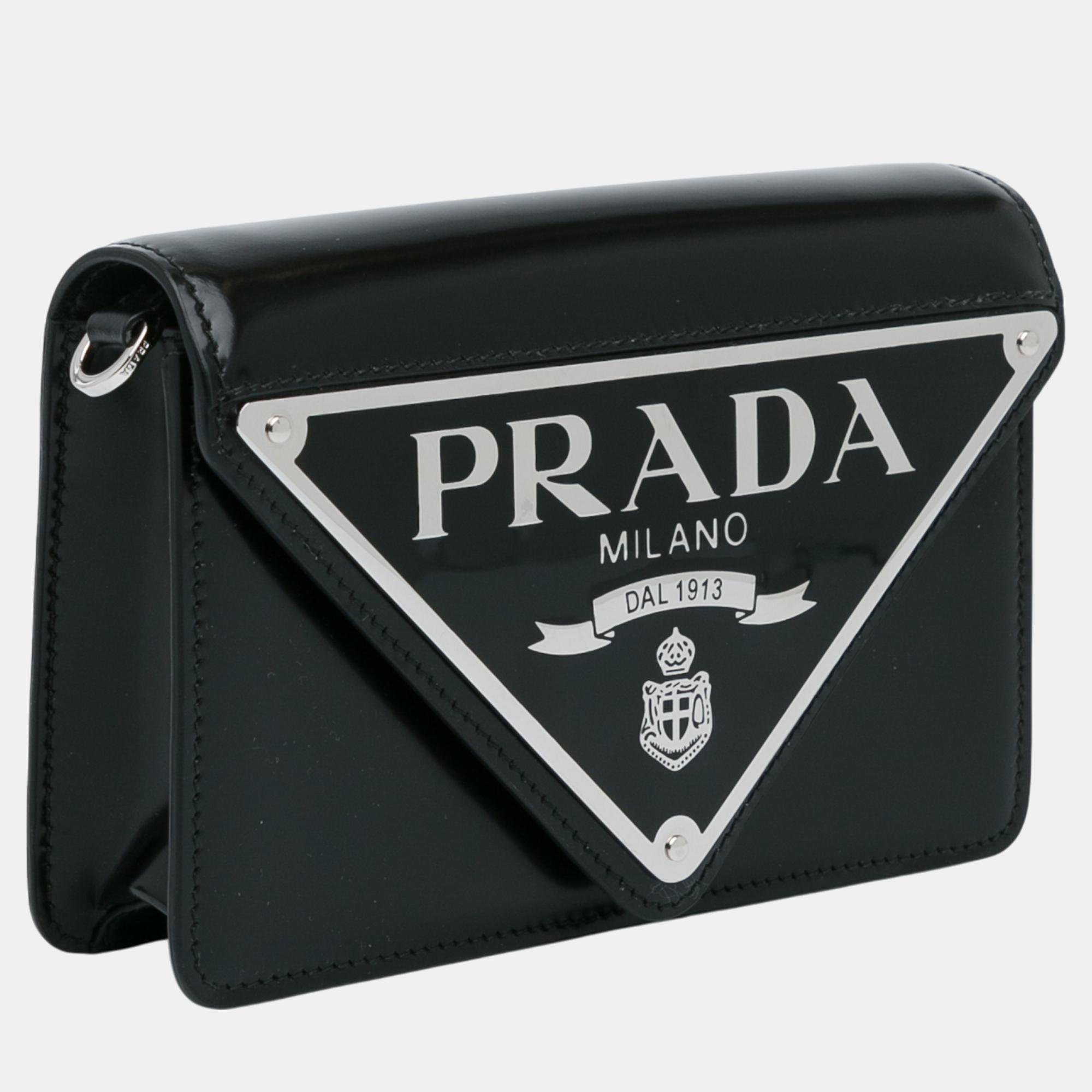 Prada Black Spazzolato Triangle Logo Plate Flap Chain Crossbody