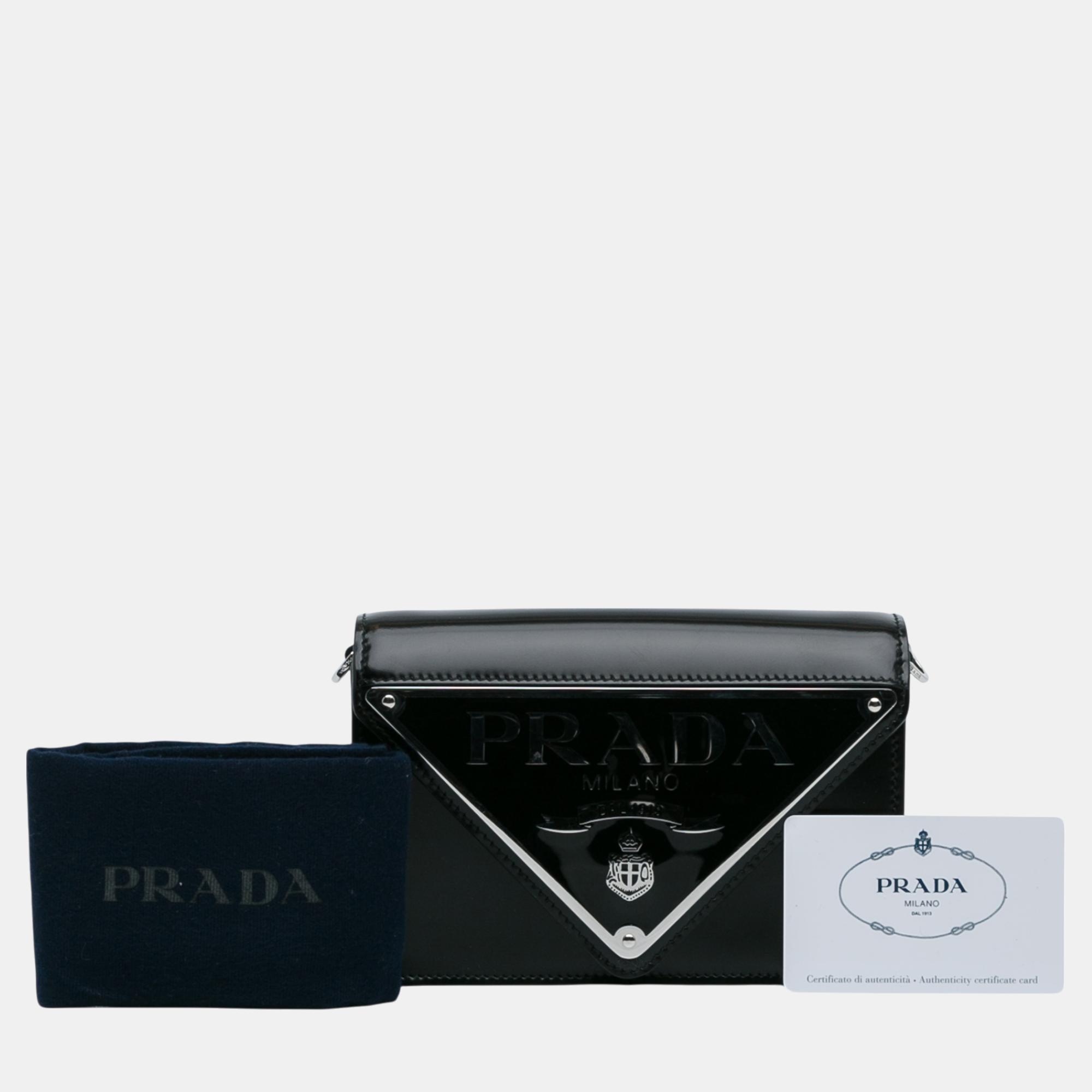 Prada Black Spazzolato Triangle Logo Plate Flap Chain Crossbody