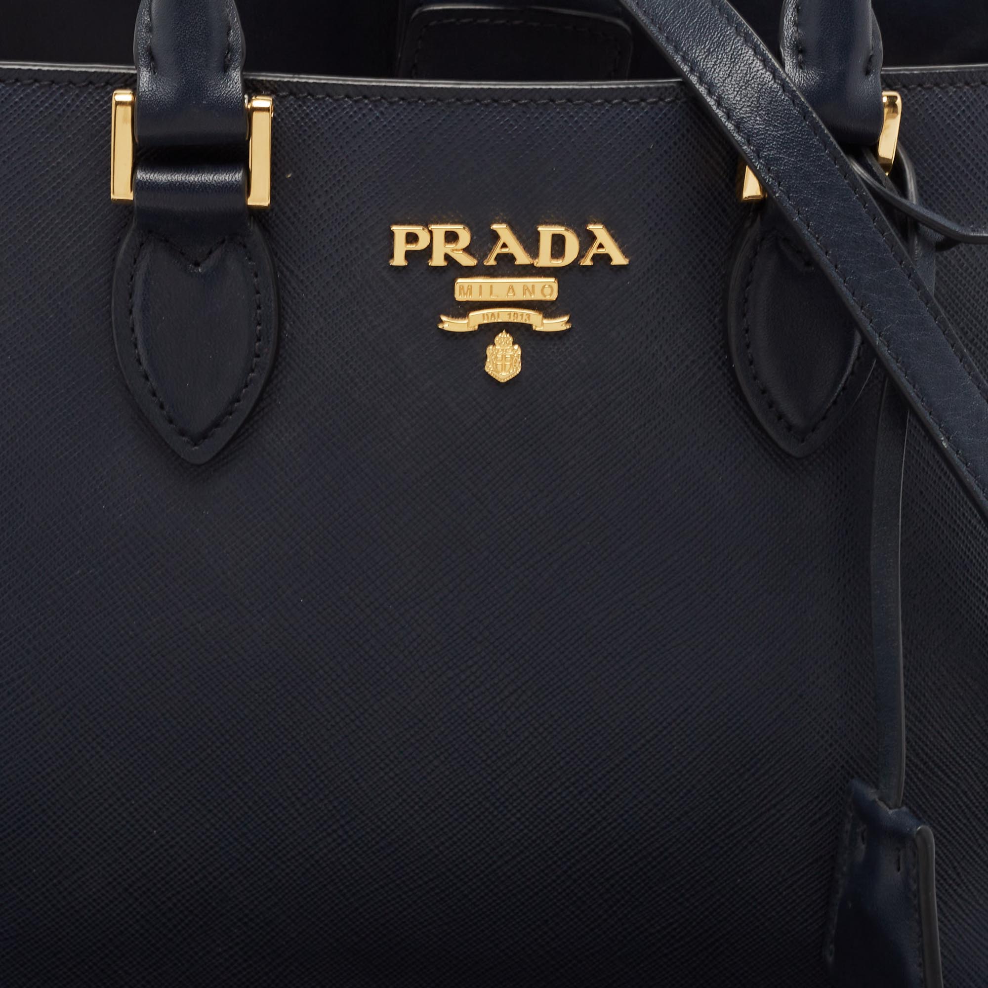 Prada Navy Blue Saffiano Lux And Soft Leather Small Tote