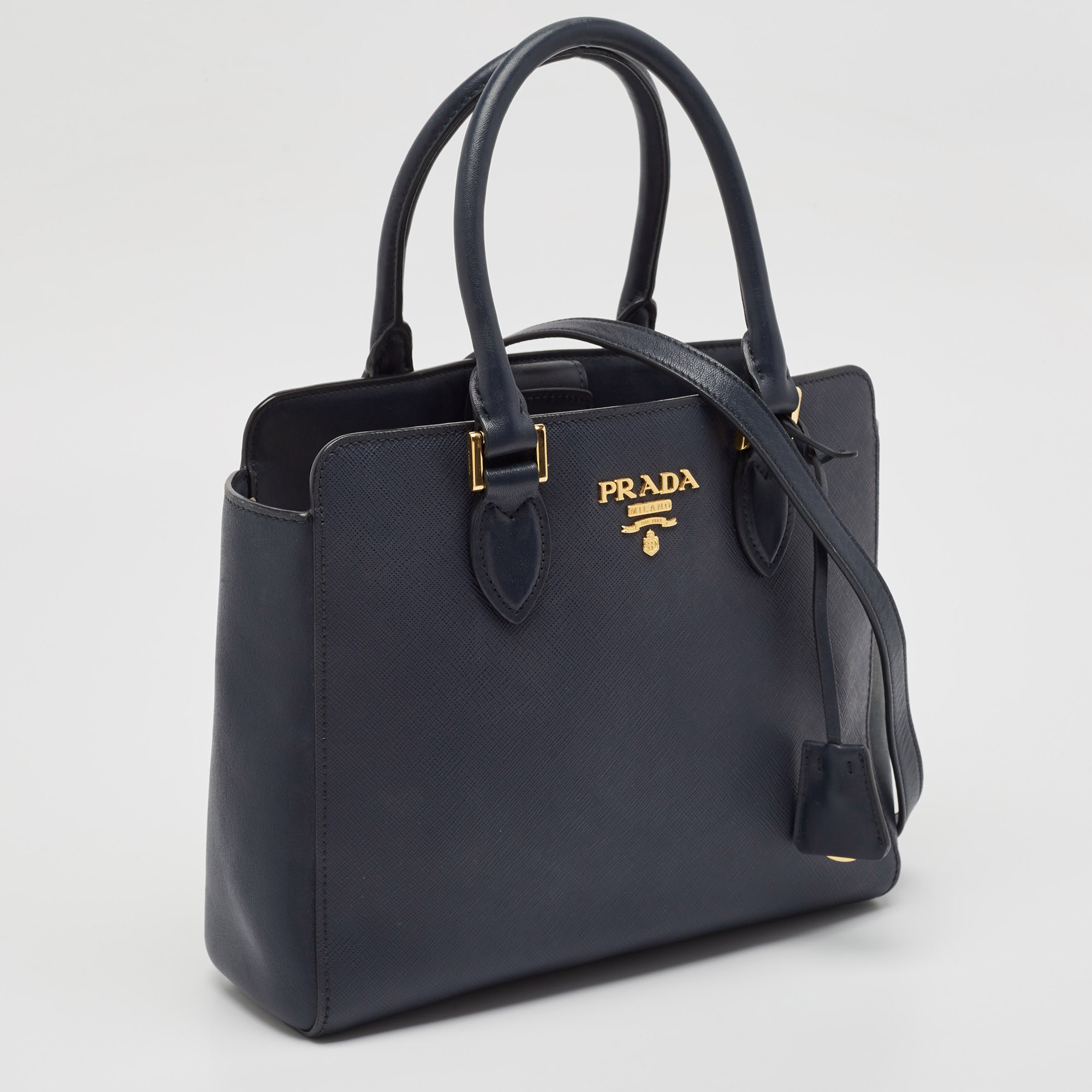 Prada Navy Blue Saffiano Lux And Soft Leather Small Tote