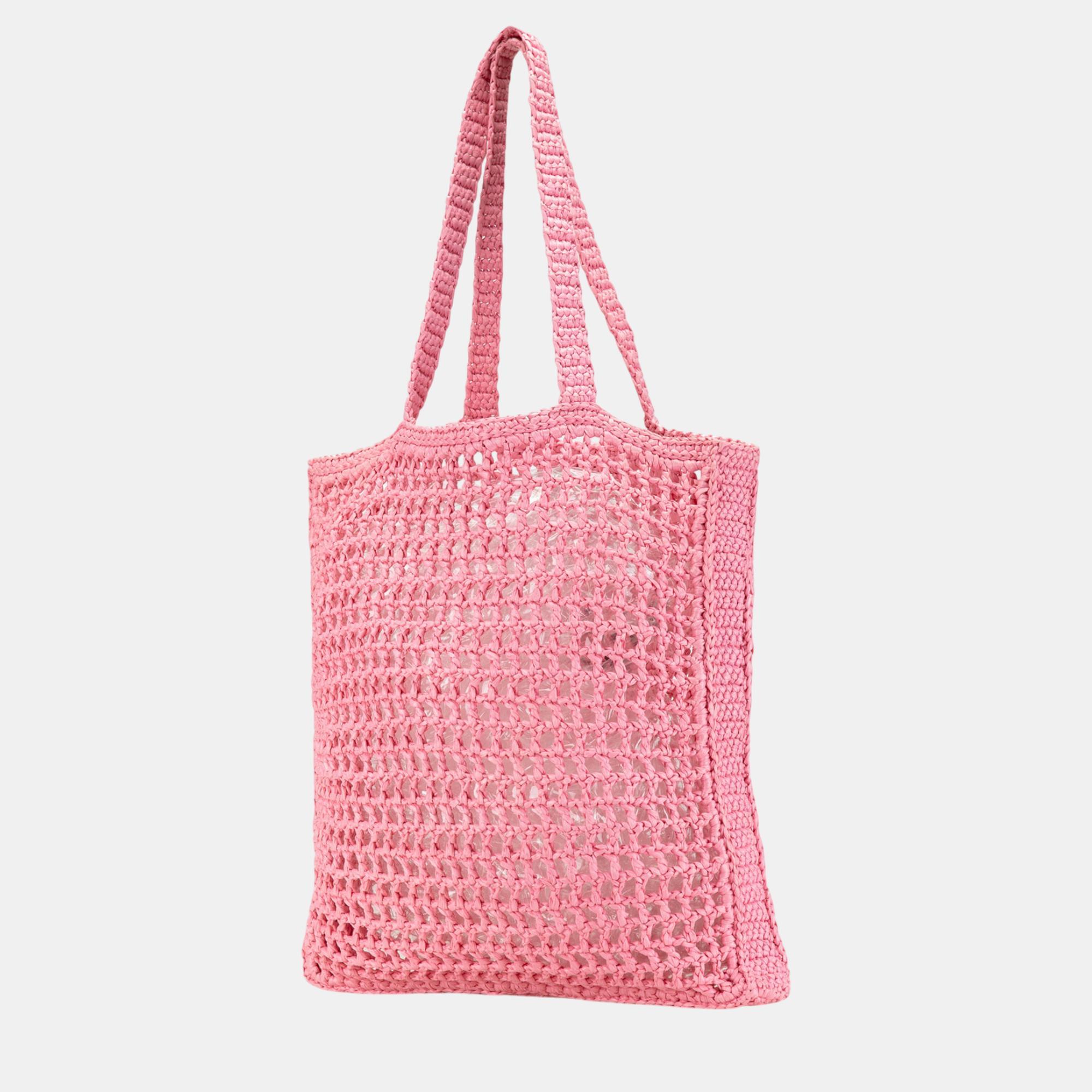 Prada Pink Crochet Raffia Logo Tote