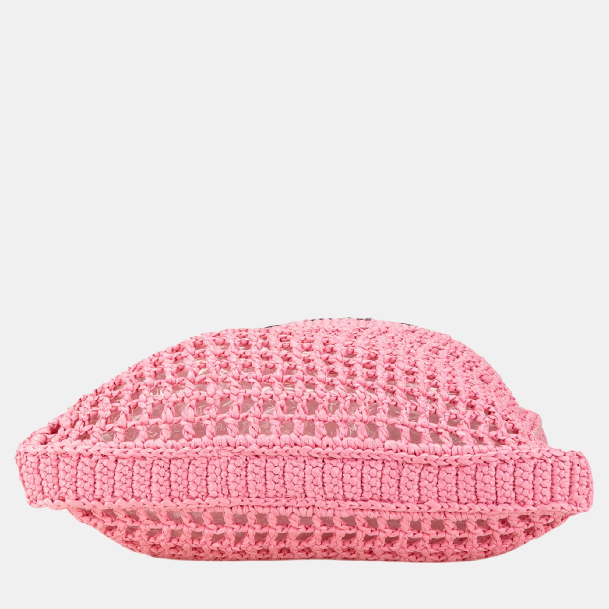 Prada Pink Crochet Raffia Logo Tote