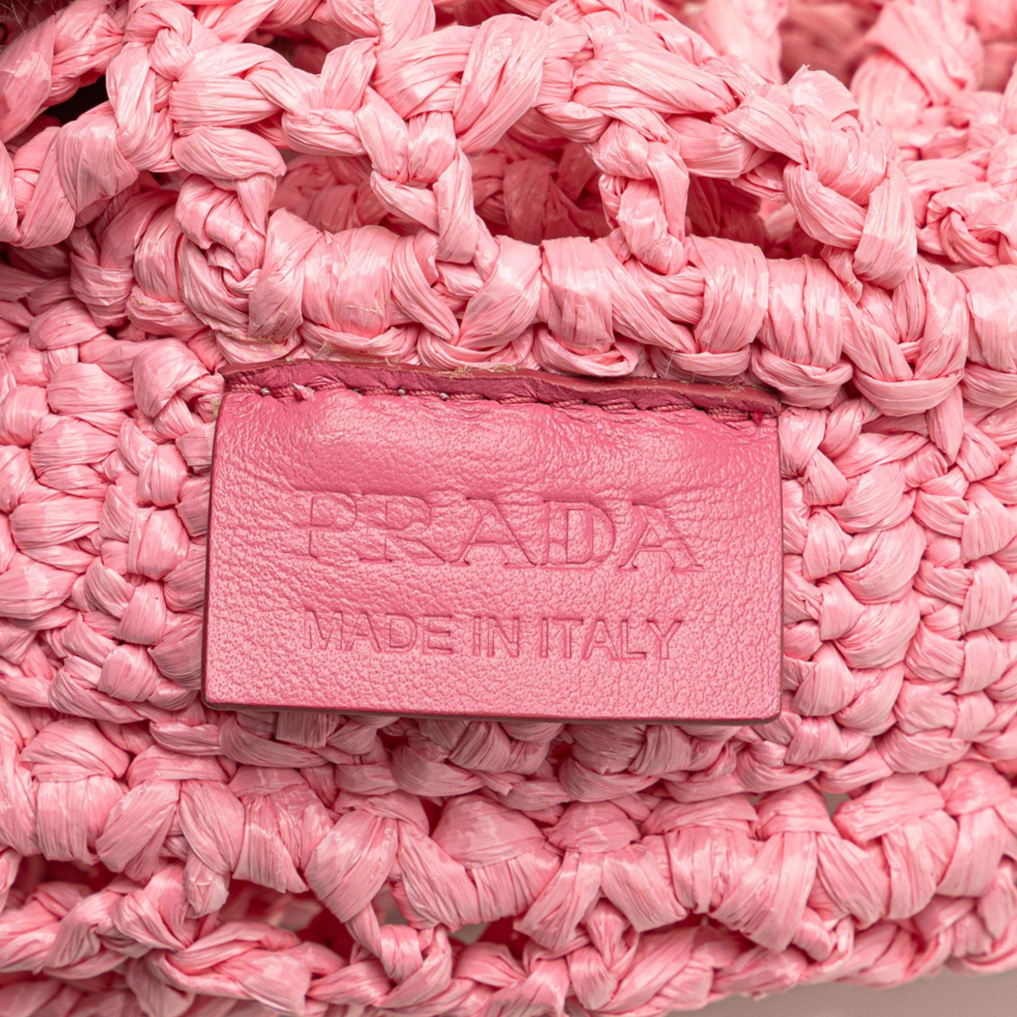 Prada Pink Crochet Raffia Logo Tote