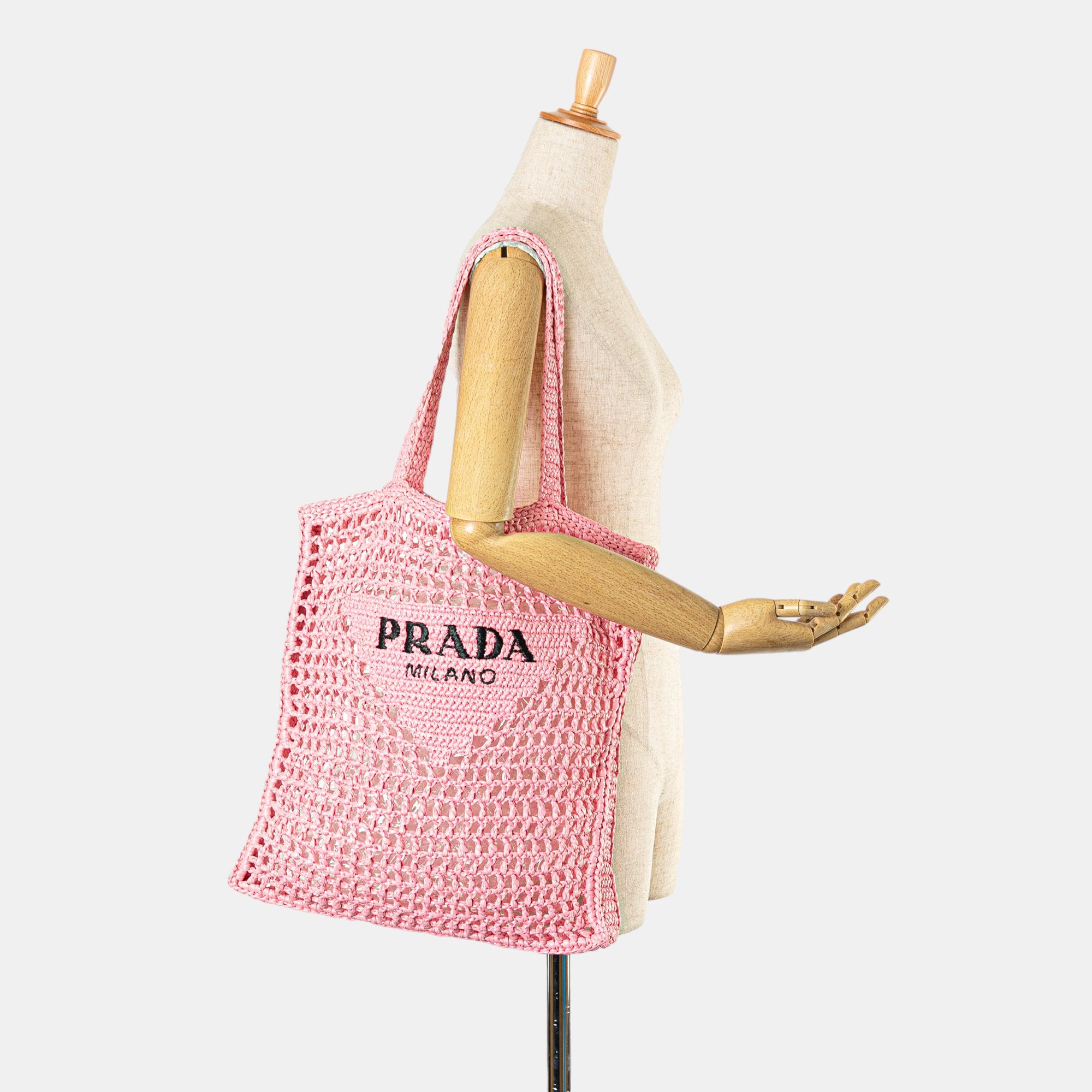 Prada Pink Crochet Raffia Logo Tote